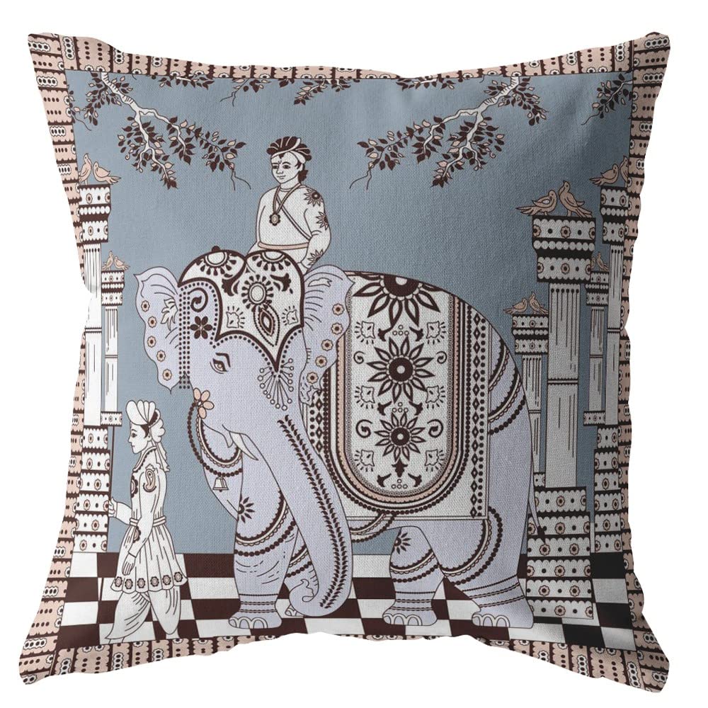 HomeRoots Light Blue On Muted Brown 20â€ Blue Brown Ornate Elephant Suede Throw Pillow