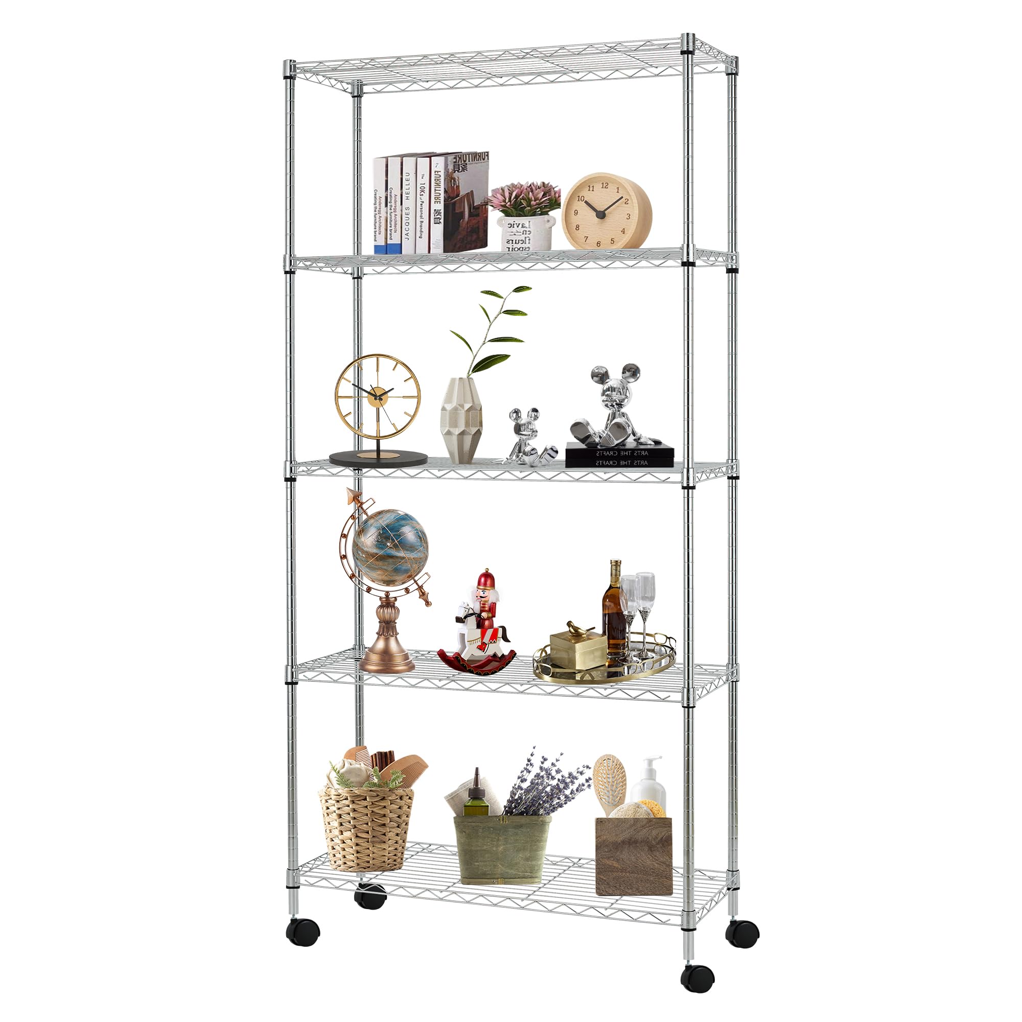 FDW | 5-Tier Wire Storage Shelves with Wheels | 30x14x61 | Chrome | Adjustable Racks | Heavy-Duty Metal Shelf, Holds Upto 220 lb