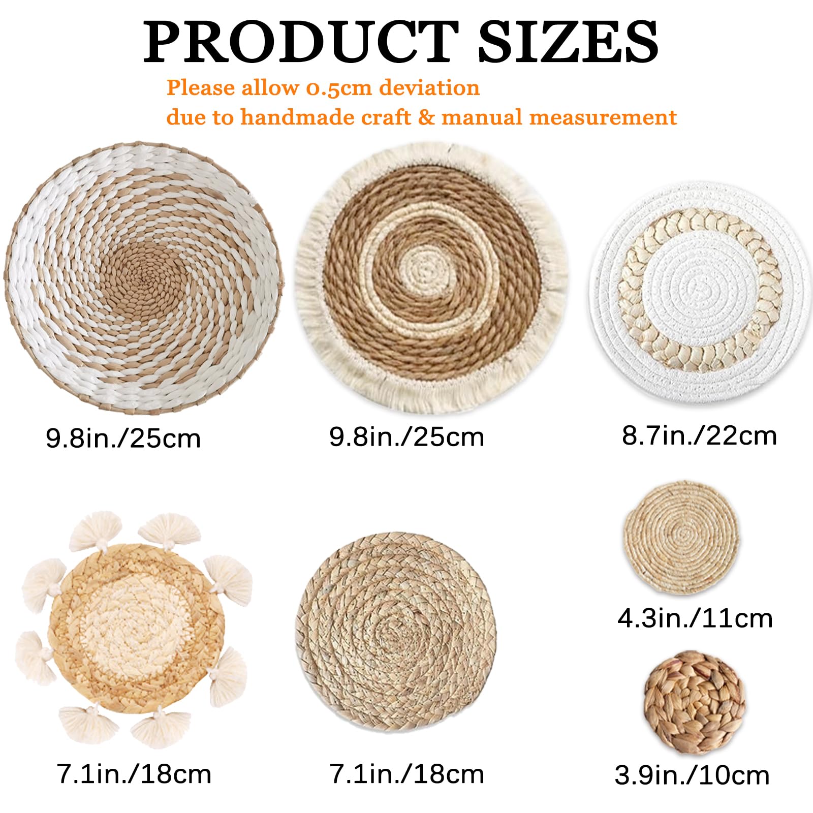 7 Pack Boho Wall Basket Decor - Seagrass Rattan Wicker Wall Decor Round Handmade Hanging Rustic Flat Elegant Wall Art For Farmho