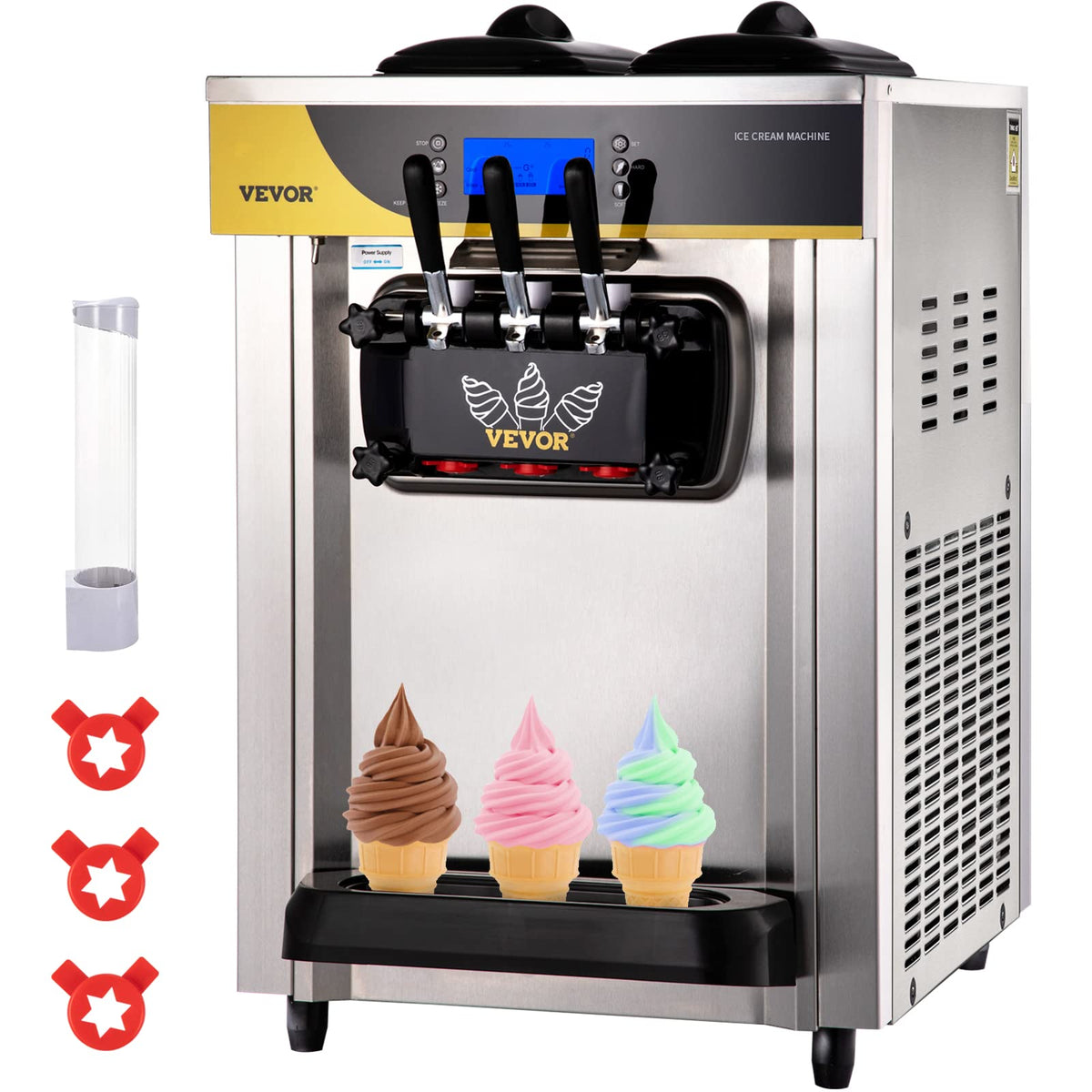 VEVOR Commercial Ice Cream Maker, 22-30L/H Yield, 2200W Countertop Soft Serve Machine w/ 2x6L Hopper 2L Cylinder LCD Panel Puffi