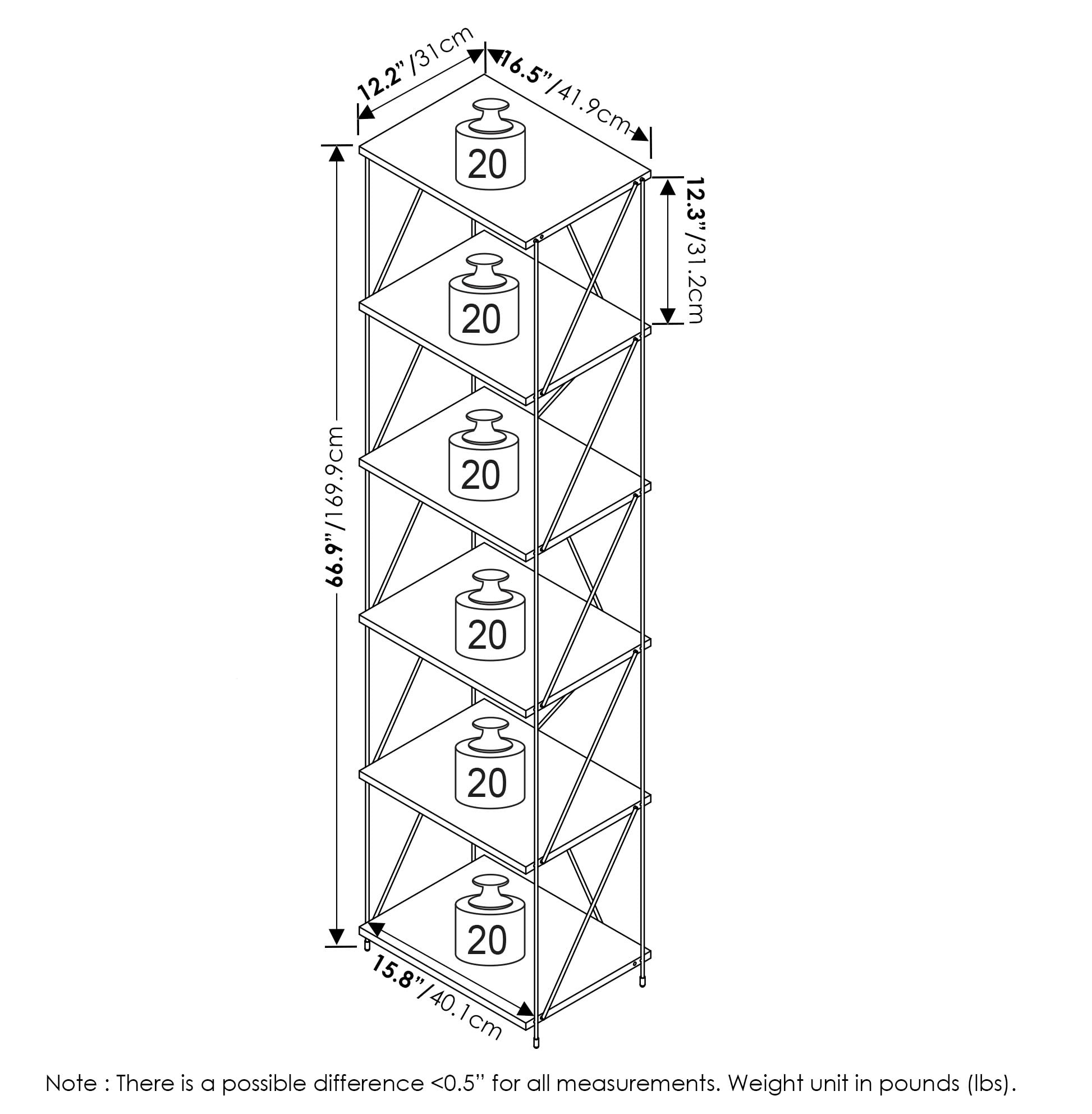 Furinno Besi 6-Tier Industrial Multipurpose Shelf Display Rack with Metal Frame, Narrow, Finn Oak