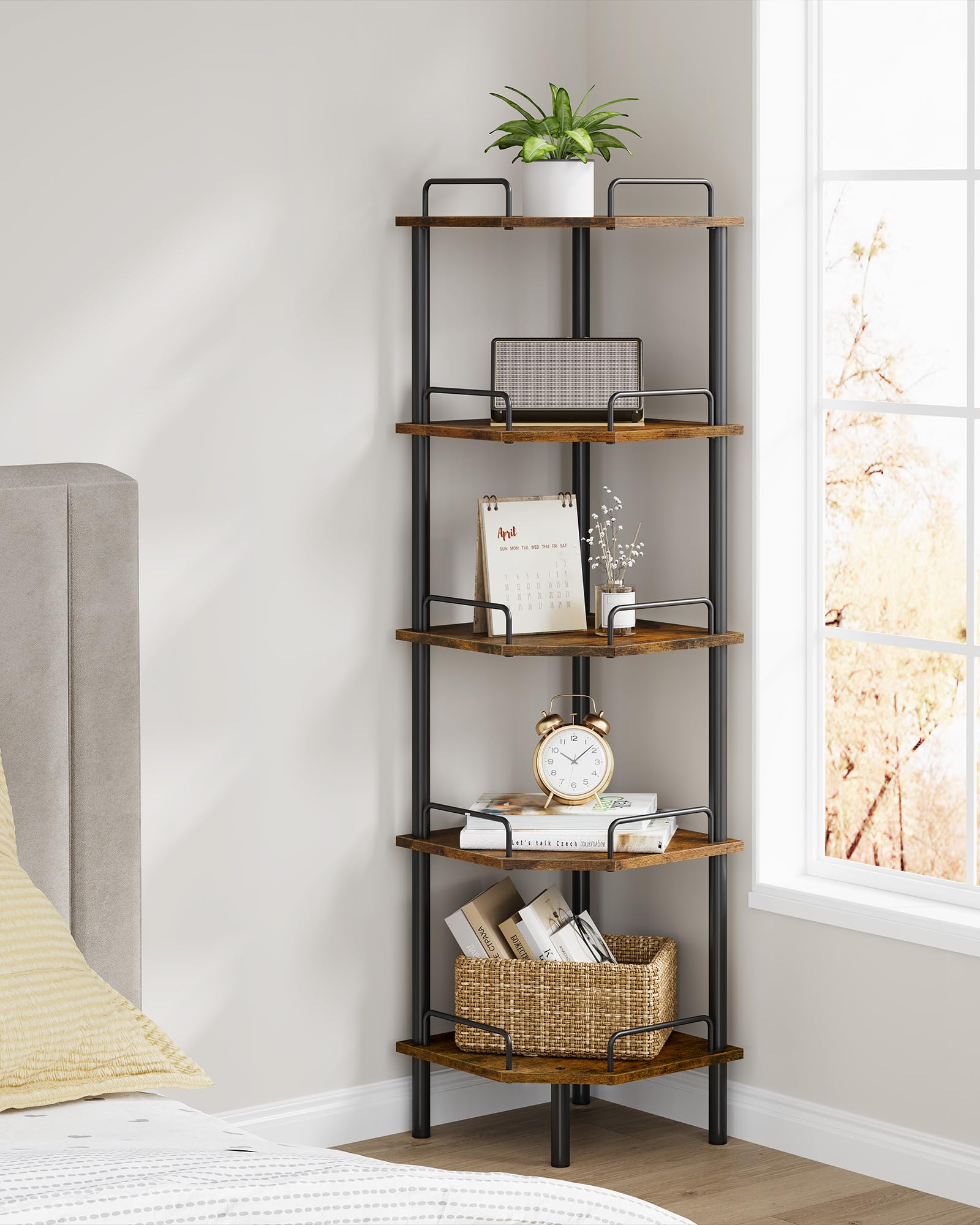 Tajsoon Corner Shelf Stand, 5 Tier Industrial Corner Shelves, Multipurpose Standing Display Shelf, Corner Shelving Unit for Bedr