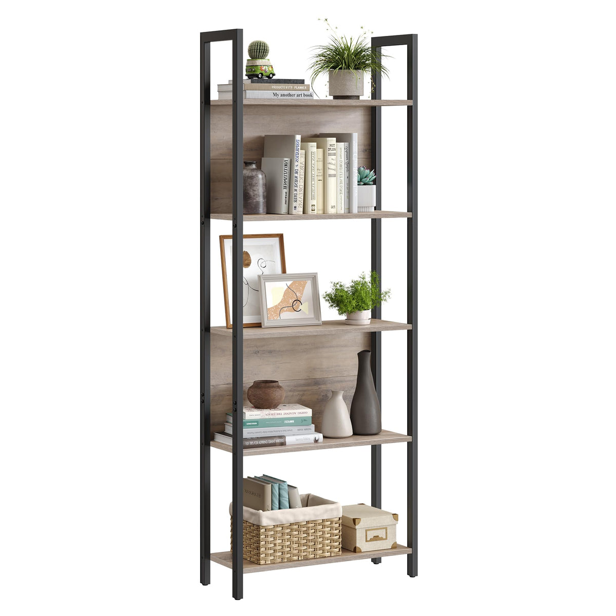 VASAGLE 5-Tier Bookshelf, Book Shelf, Industrial Bookcase, with Steel Frame, for Living Room, Home Office, Bedroom, 9.4 x 24.4 x