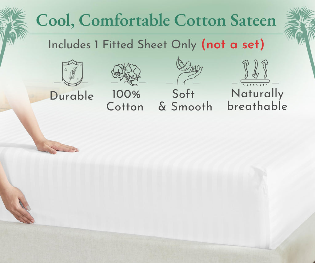 California Design Den Luxury Cotton Sateen Damask Stripe Queen Size Fitted Sheet Only - Soft 100% Cotton Sateen, Deep Pocket Bottom Fitted Sheet, Hotel Quality With A Foot Side Indicator - White