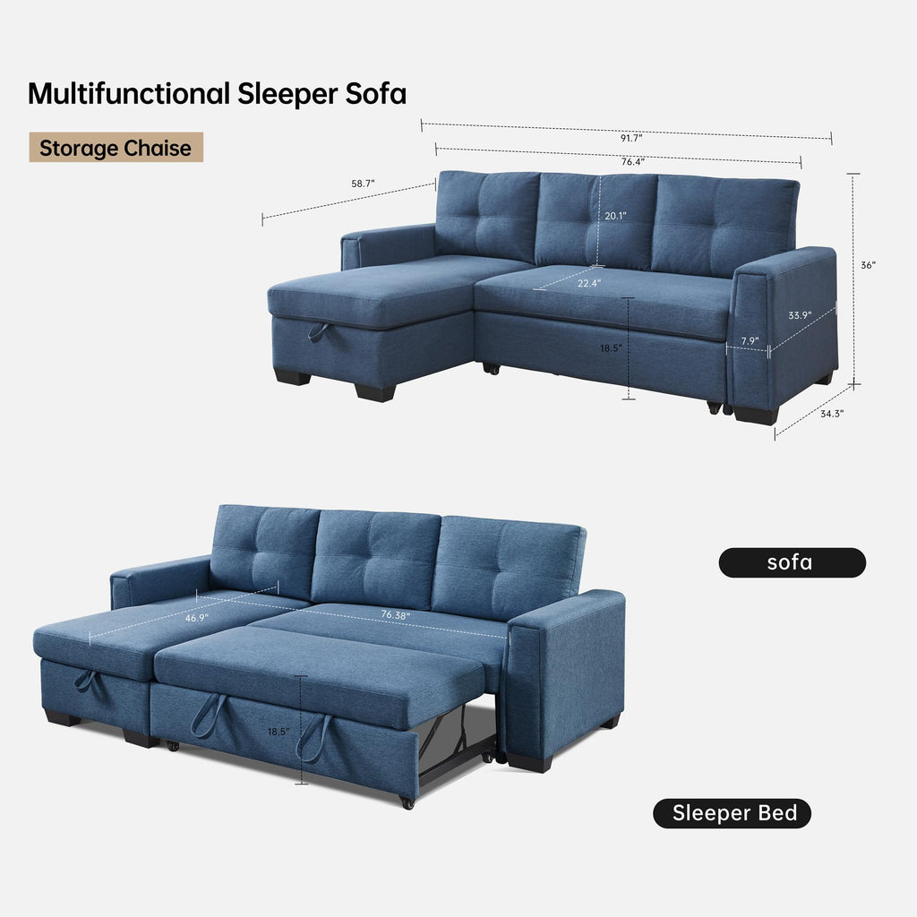 American Furniture Classics Blue Tufted Sectional Chaise Sofa Sleeper with Storage, 92" x 59" x 36"