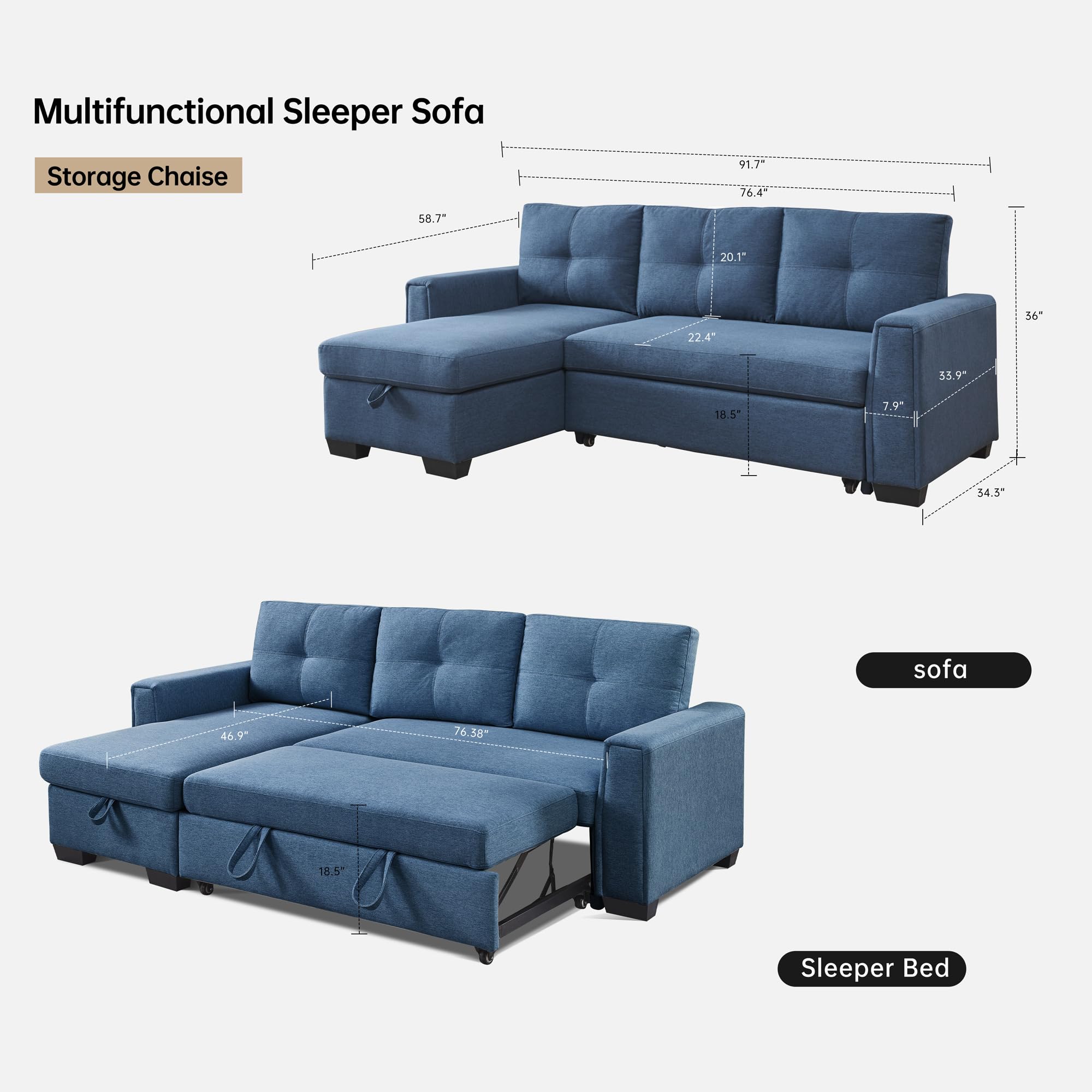 American Furniture Classics Blue Tufted Sectional Chaise Sofa Sleeper with Storage, 92" x 59" x 36"