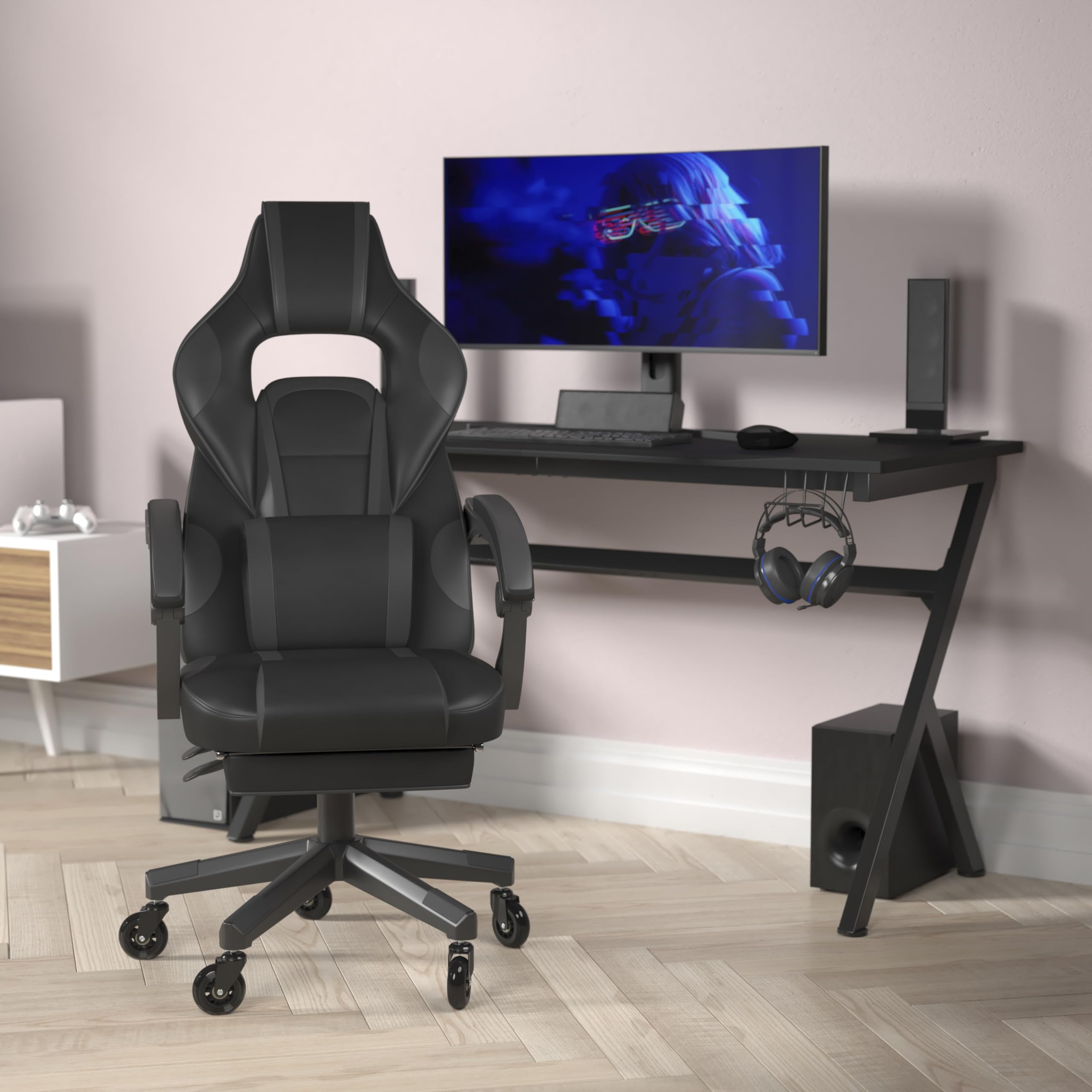 Flash Furniture X40 Gaming Chair Racing Computer Chair With Fully Reclining Back/Arms And Transparent Roller Wheels, Slide-Out Footrest, - Black/Gray