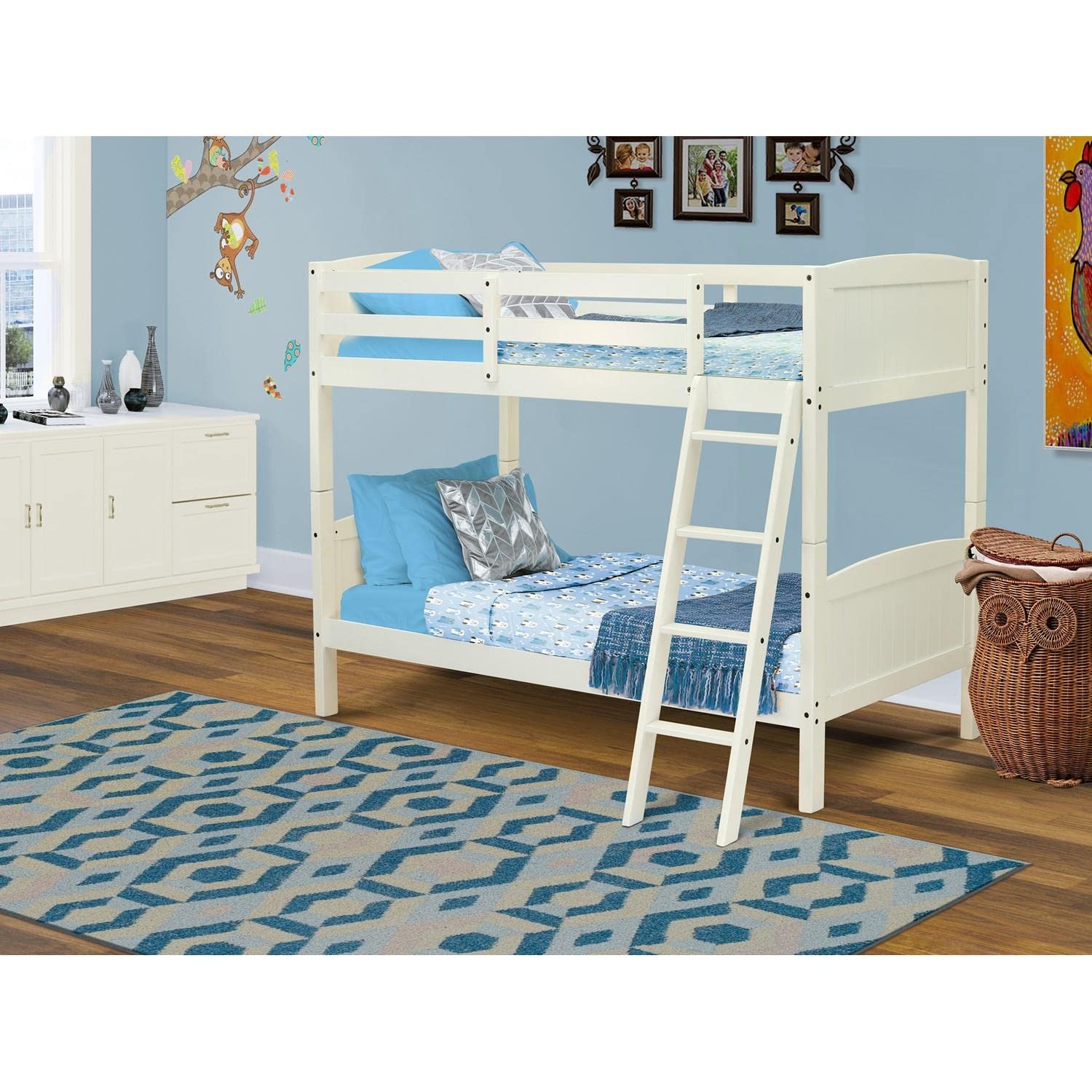 East West Furniture Ayb-05-Tu Solid Wood Twin Bunk Beds With Trundle, For Teens Bedroom Bed, Linen White Finish.