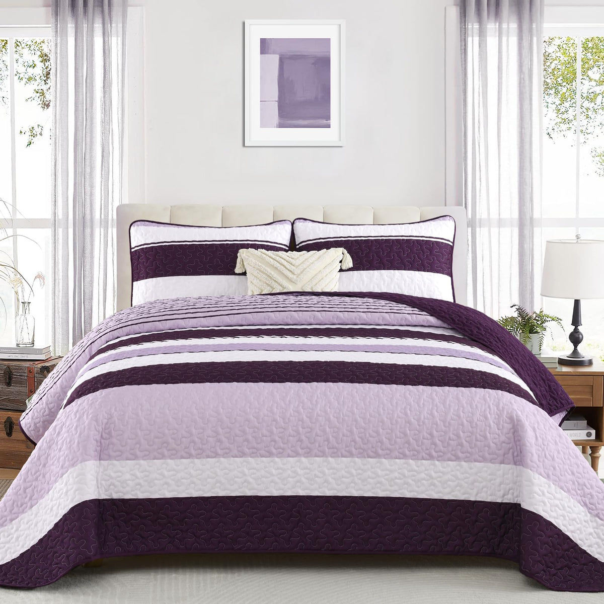 Dinjoy Purple Boho Quilt Set Queen,Striped Bedspreads Queen Size Lightweight Farmhouse Quilts 3 Pieces Patchwork Bedding Sets Co