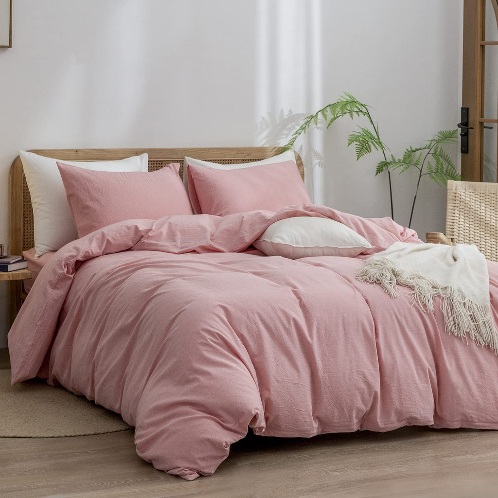Bestouch Duvet Cover Set 100% Washed Cotton Linen Feel Super Soft Comfortable Chic Lightweight 3 Pcs Home Bedding Set Solid Red