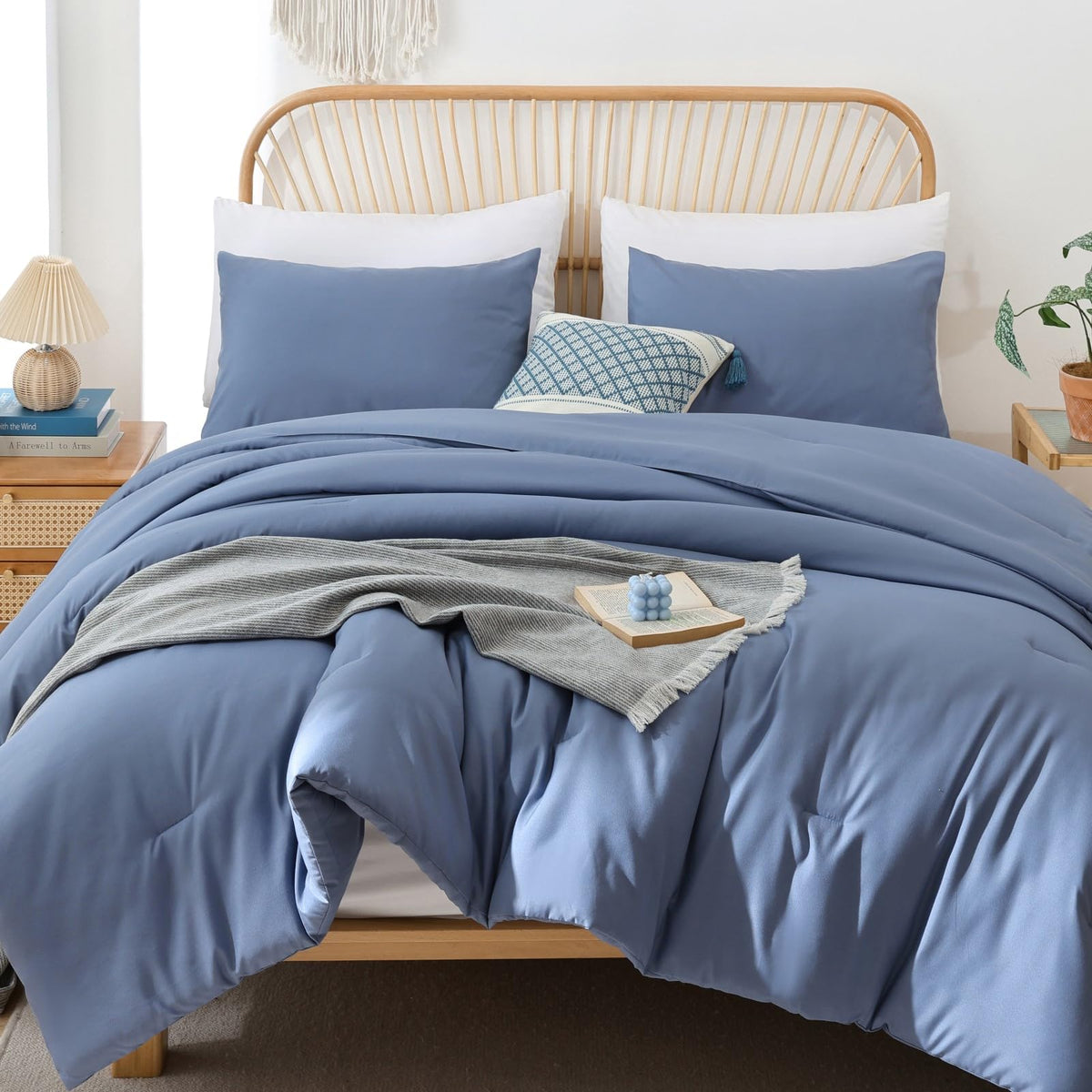 Rosgonia King Size Comforter Set Slate Blue, 3Pcs(1 Boho Comforter & 2 Pillowcases) Soft Lightweight Bedding Blanket All Season