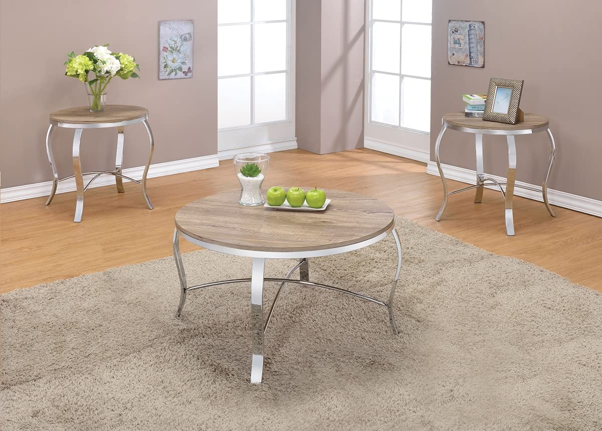 acme 81705 3 Piece Malai Coffee & End Table Set - Weathered Light Oak & Chrome