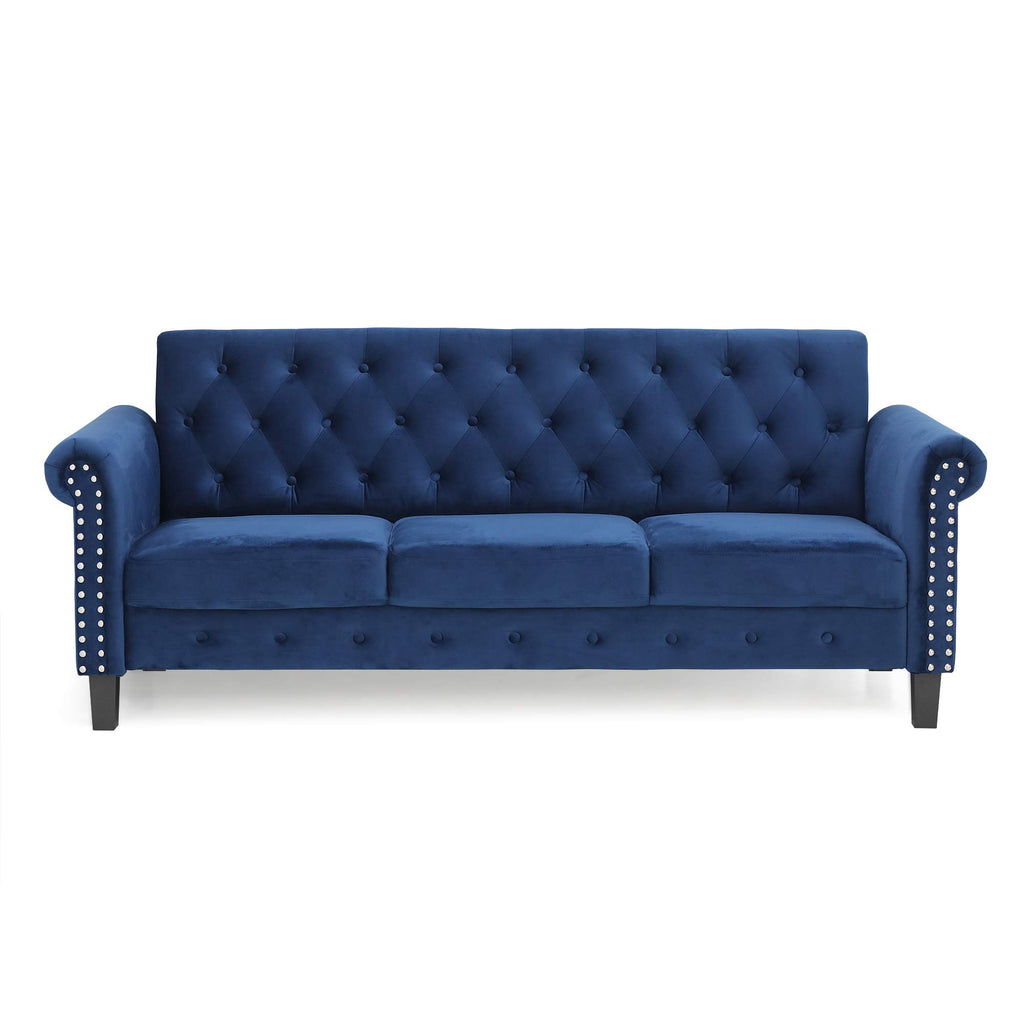 Furinno Bastia Vintage Modern Chesterfield Button Tufted 3-Seater Sofa Couch For Living Room, Navy Velvet