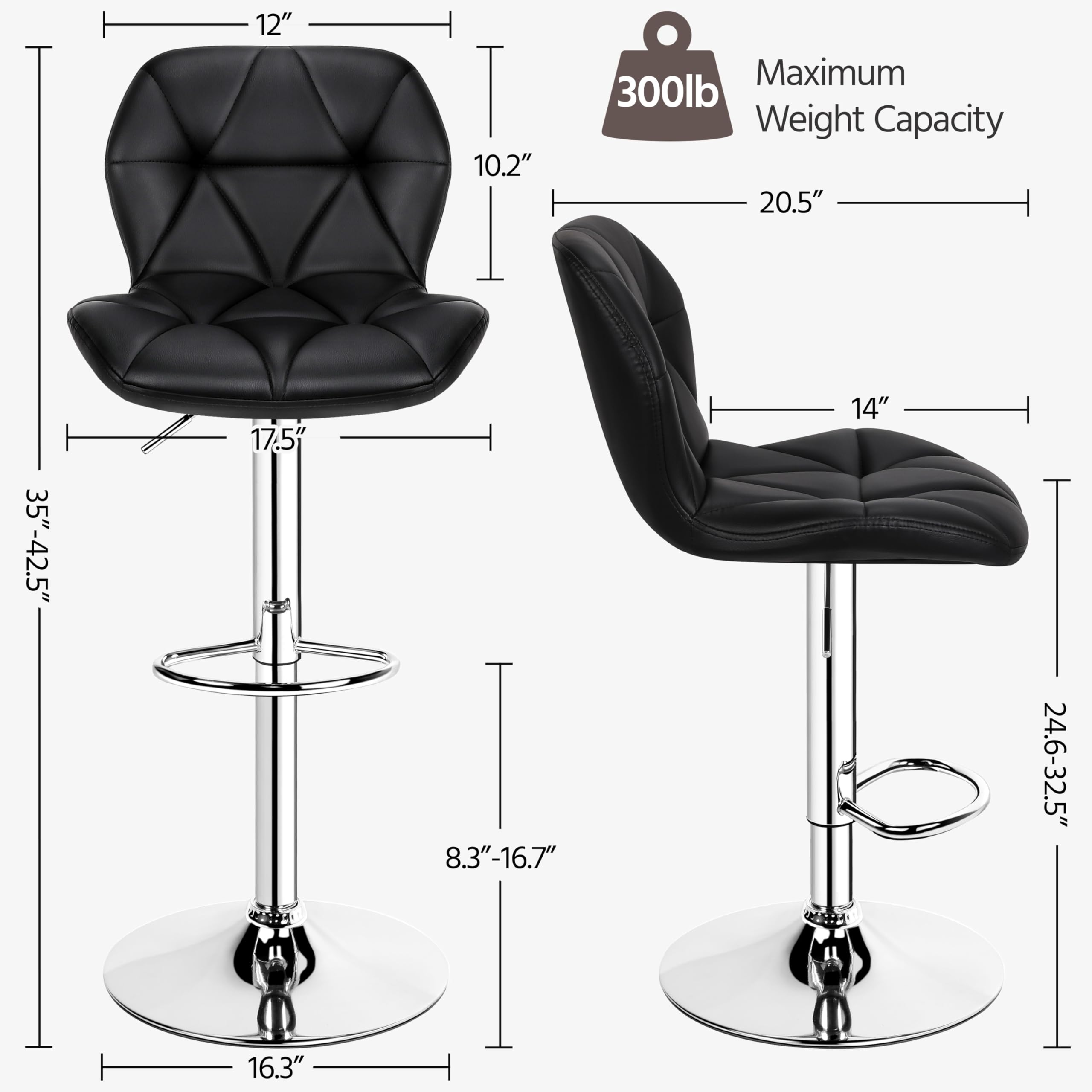 Yaheetech Bar Stools Set Of 2, Modern Adjustable Kitchen Island Chairs, Black Pu Leather Swivel Counter Stools For Bar, Kitchen Counter, Black