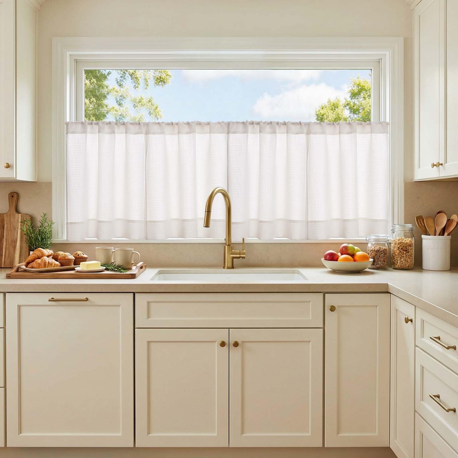 jinchan White Kitchen Curtains 24 Inch Length Textured Short Cafe Curtains Farmhouse Window Treatment Tiers for Bathroom Laundry