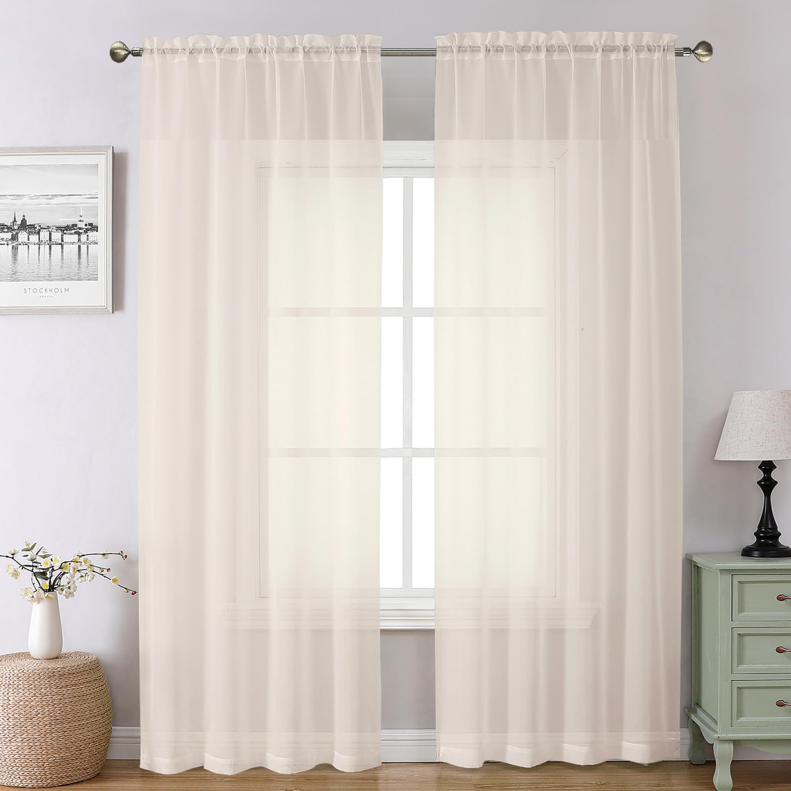 Chyhomenyc Cream Sheer Curtains 90 Inches Long - Light Filtering Solid Voile Window Panel Drapes for Bedroom, Elegant Soft Airy 