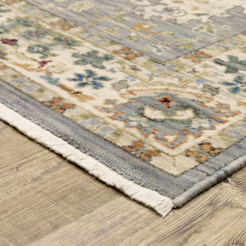 HomeRoots 509295 10 x 13 ft. Gray Ivory Orange Teal Green Charcoal Blue & Red Oriental Power Loom Stain Resistant Rectangle Area Rug with Fringe