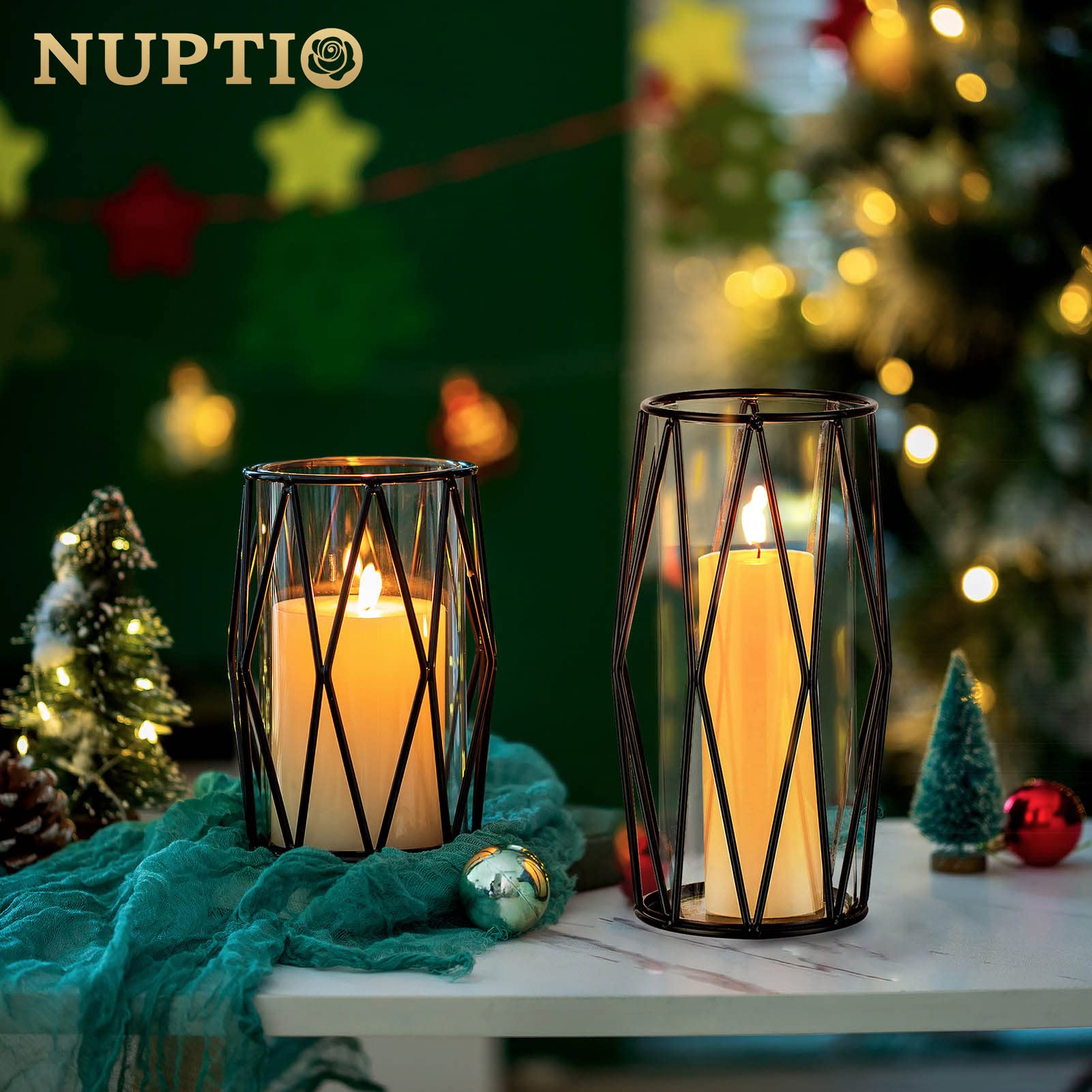 Nuptio Black Pillar Candle Holders - Glass Candles Holder With Geometric Metal Rack Stand For Wedding Birthday Party Centerpiece