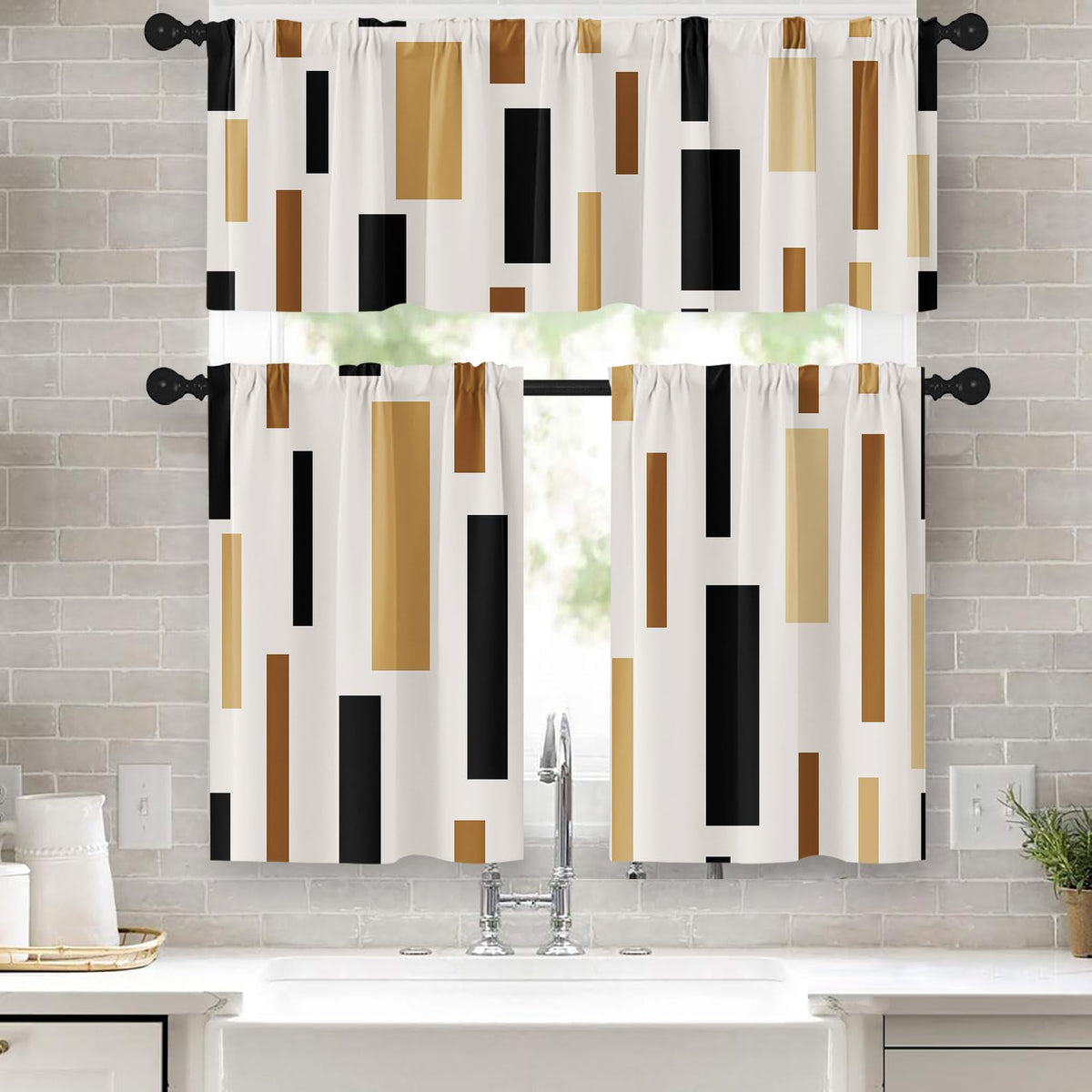 Tayney Brown Beige Kitchen Curtains Geometric Black Window Curtains Valance And Tier Set 36 Inch, Modern Rectangle Rod Pocket Sh
