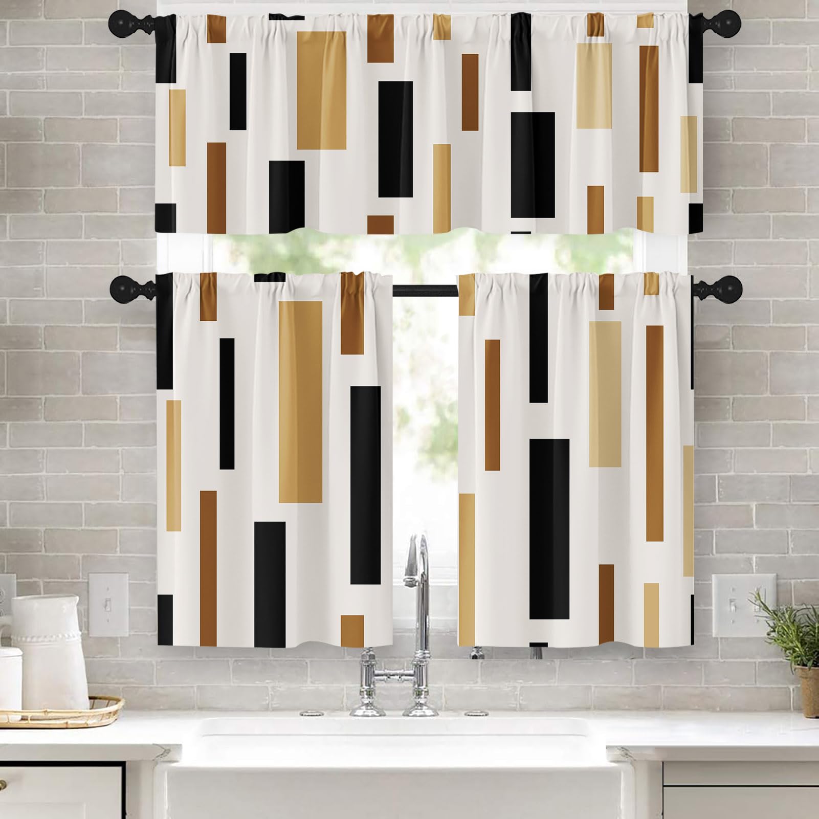 Tayney Brown Beige Kitchen Curtains Geometric Black Window Curtains Valance And Tier Set 36 Inch, Modern Rectangle Rod Pocket Sh