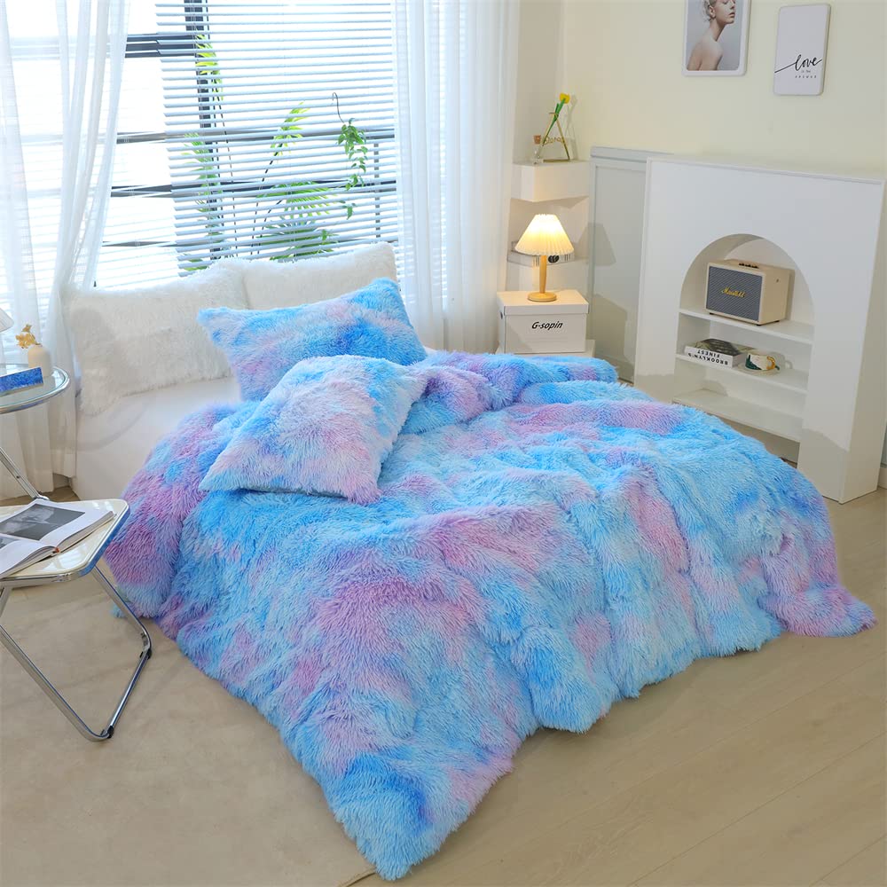 Chovy Faux Fur Plush Tie-Dyed Blue Comforter Sets Twin/Full Size - Ultra Soft Shaggy Flannel Velvet Fluffy Fuzzy 3Pc Bedding Set
