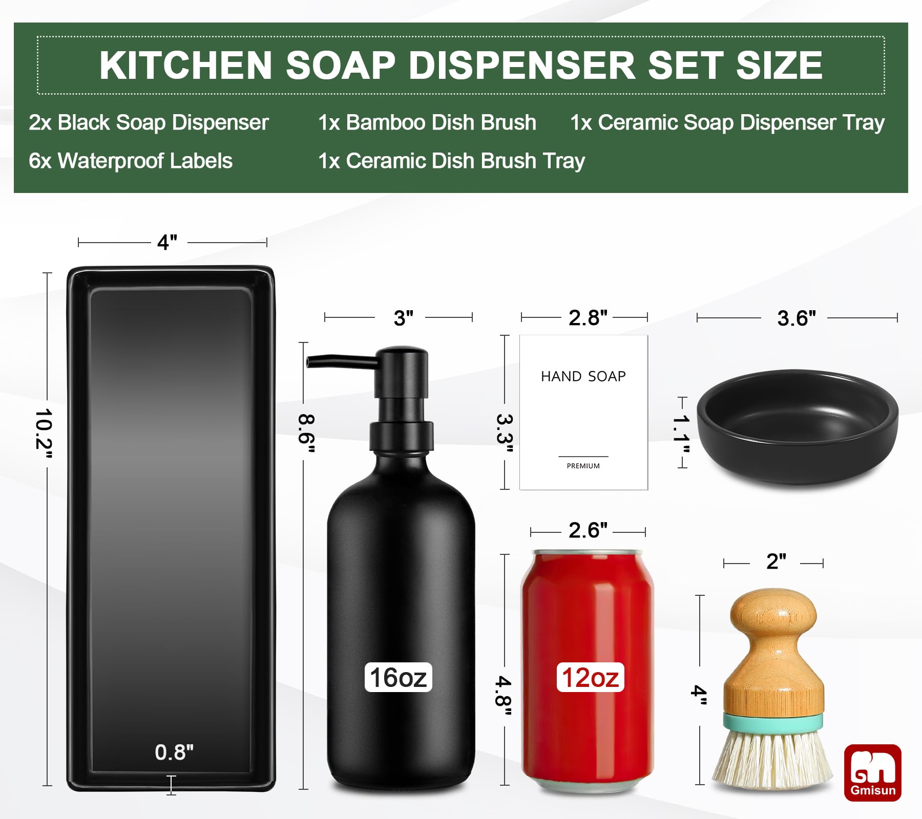 Gmisun Kitchen Soap Dispenser Set, 16 Oz Hand And Dish Soap Dispenser With Ceramic Tray & Bamboo Dish Brush, 2 Pack Matte Black