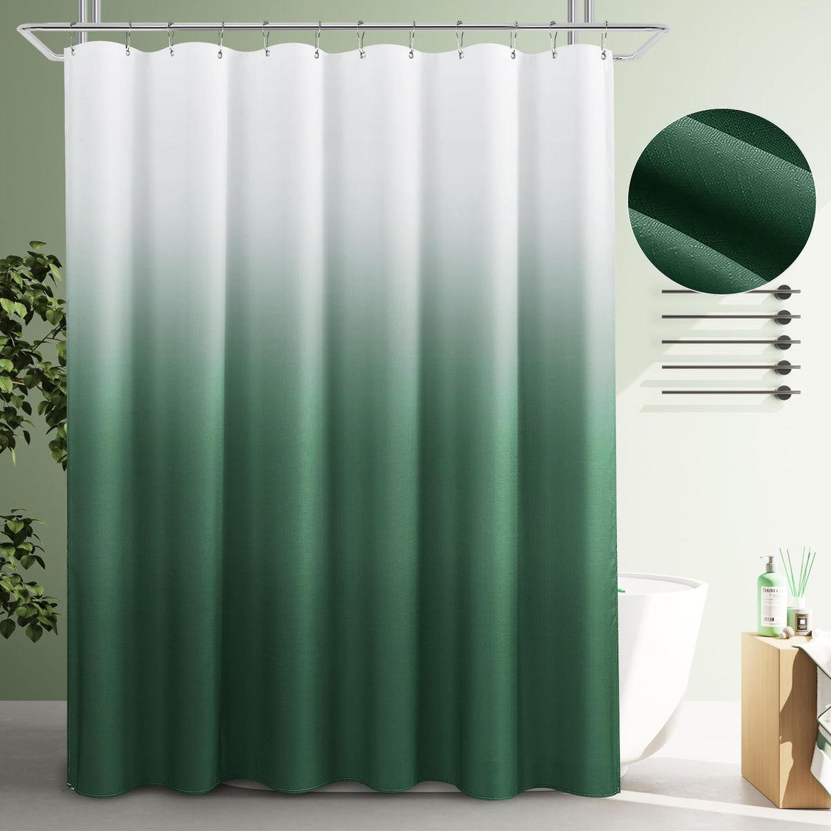 Emerald Green Ombre Shower Curtain, Green And White Ombre Linen Textured Bath Decor Textured Fabric Shower Curtain For Bathroom,