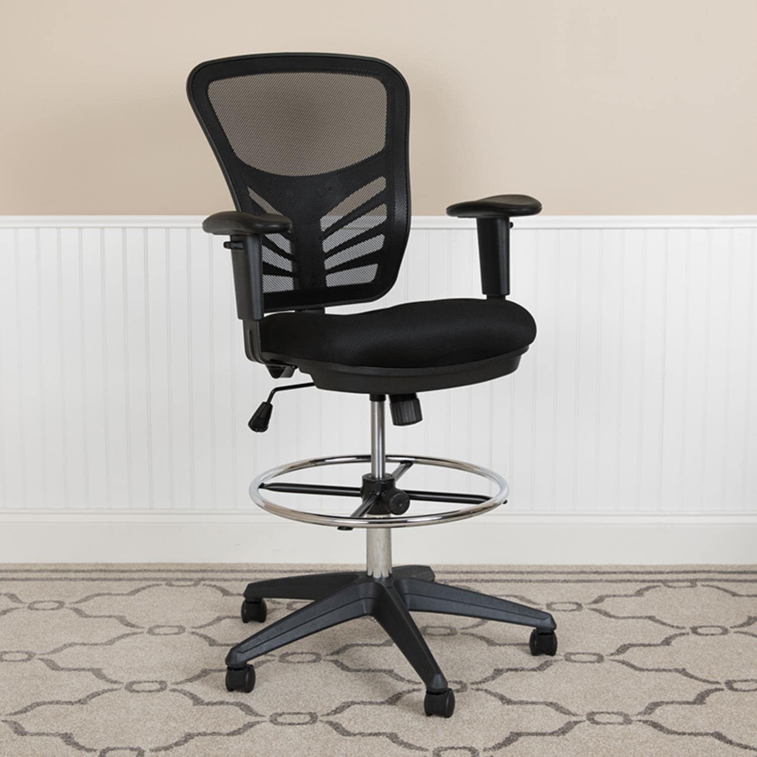 Flash Furniture Tyler Mid-Back Black Mesh Ergonomic Drafting Chair With Adjustable Chrome Foot Ring, Adjustable Arms And Black Frame