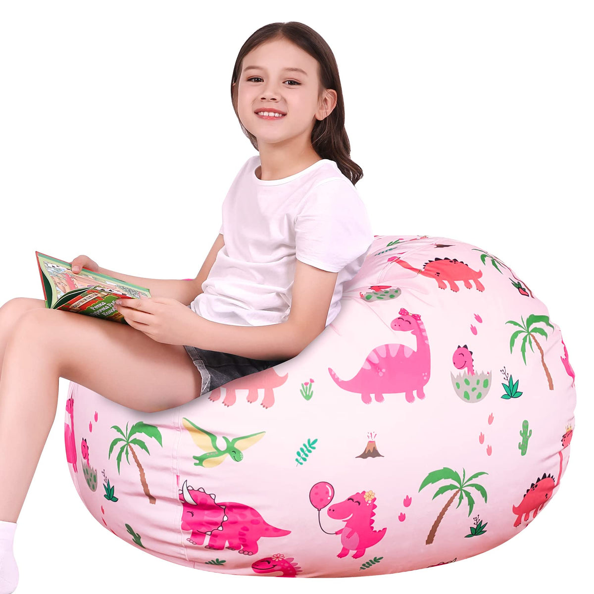 Lukeight Stuffed Animal Storage, Dinosaur Bean Bag Chairs For Kids 8-12, Pink Dinosaur Bean Bag Cover For Girls, Stuffed Animal Storage Bean Bag Chair Cover For Kids, (No Beans) X-Large