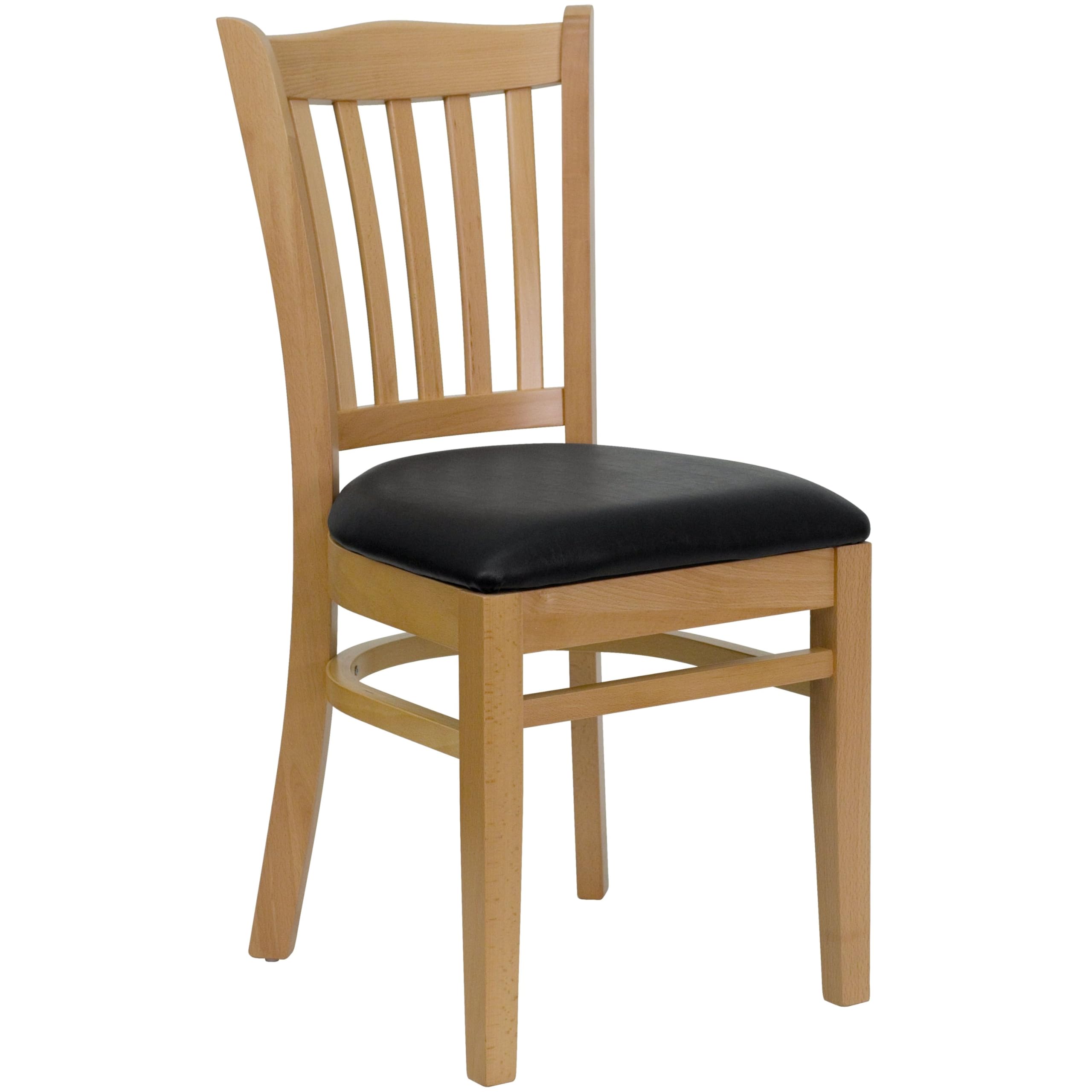 Flash Furniture HERCULES Series Vertical Slat Back Natural Wood Restaurant Chair - Black Vinyl Seat
