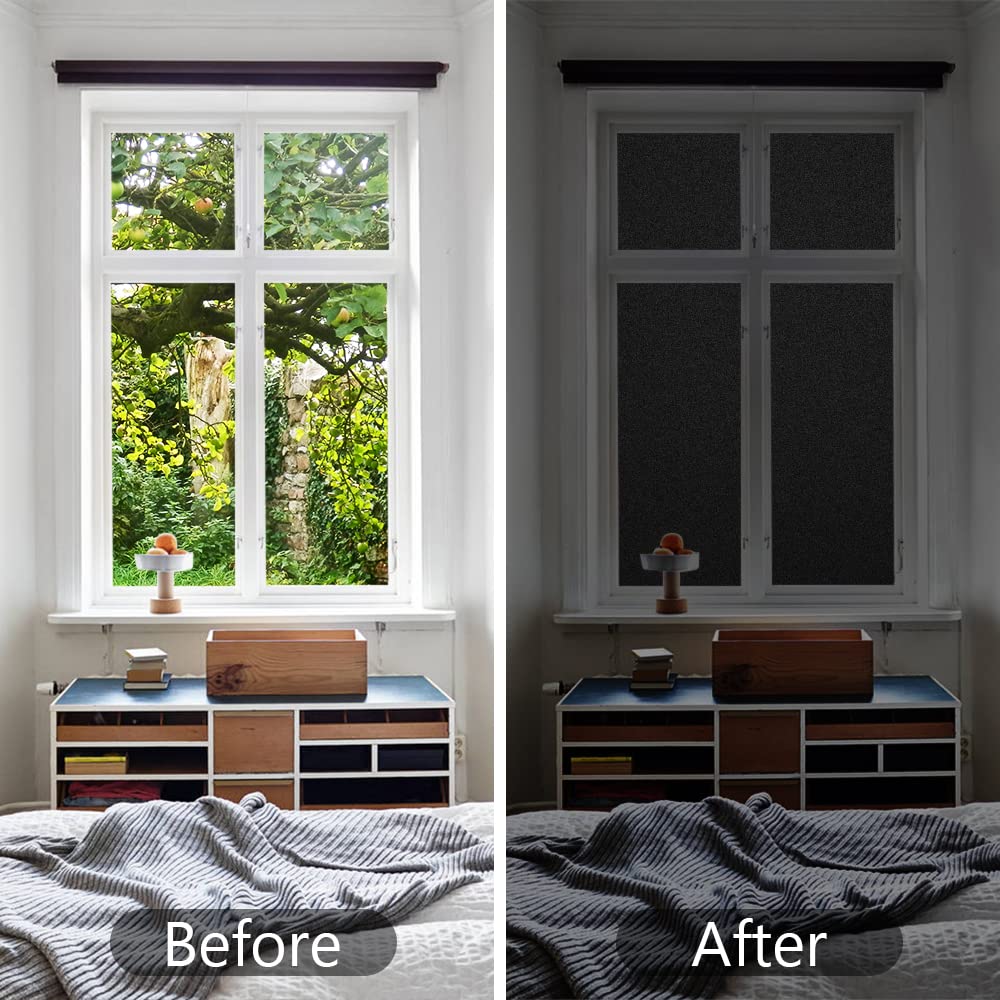 Finnez Blackwhiteout Window Film Privacy, No Glue Static Cling, Anti Uv, 100% Light Blocking Black Window Film For Home Or Offic