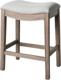 Maven Lane Adrien 26 Inch Counter Height Upholstered Backless Saddle Barstool In Reclaimed Oak Finish With Ash Grey Fabric Cushion Seat