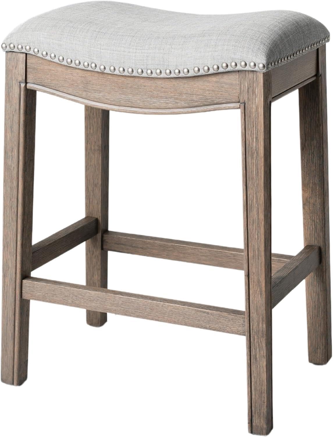 Maven Lane Adrien 26 Inch Counter Height Upholstered Backless Saddle Barstool In Reclaimed Oak Finish With Ash Grey Fabric Cushion Seat