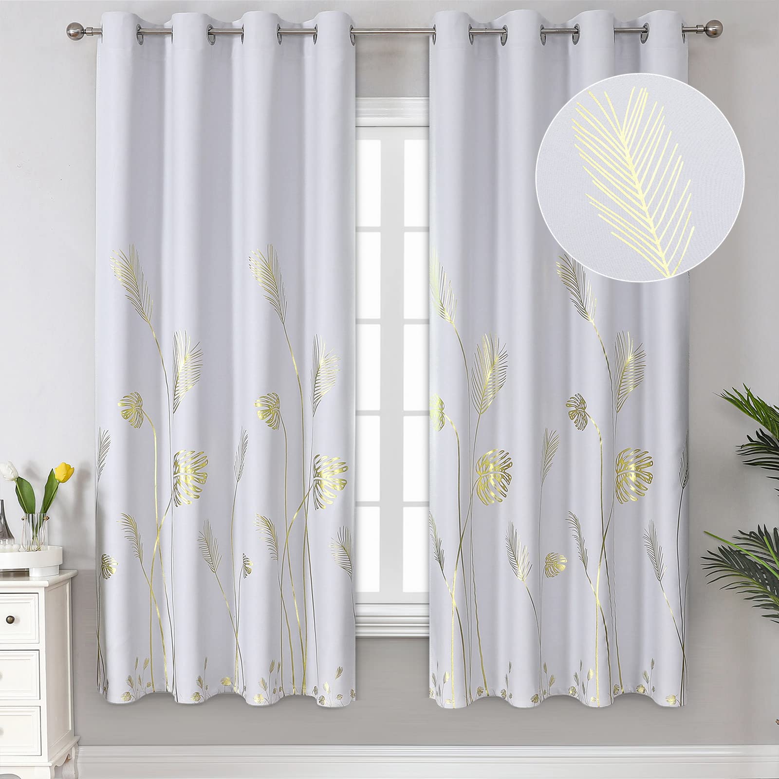 Estelar Textiler Greyish White And Gold Print Curtains 72 Inches Long Room Darkening Curtains Thermal Insulated Curtains With Wh
