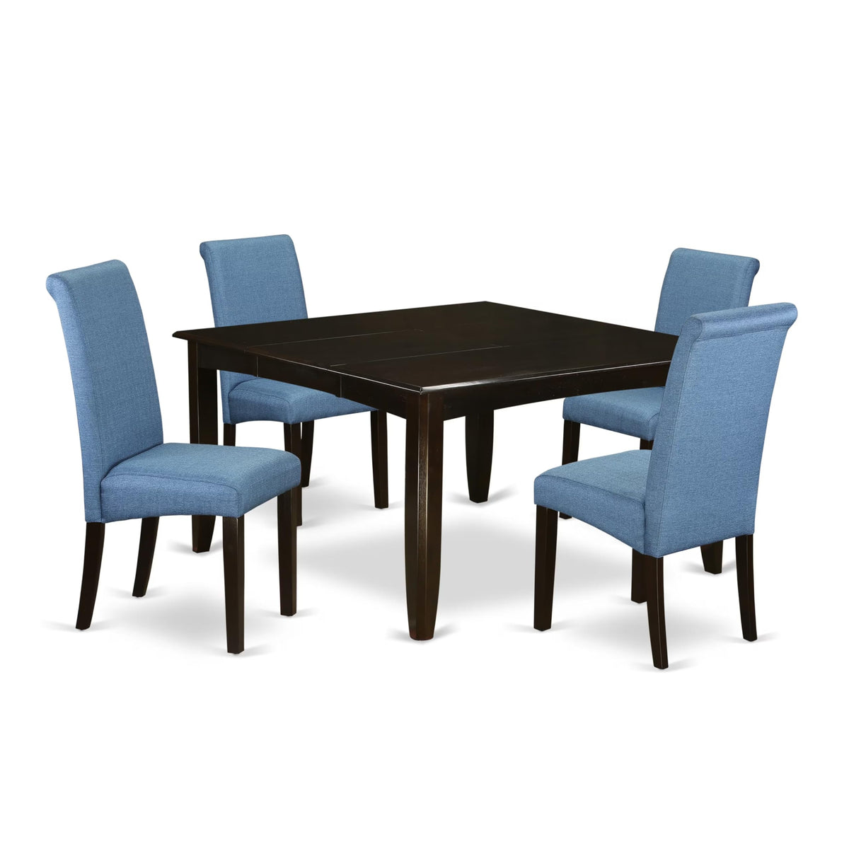 East West Furniture PFBA5-CAP-21 5 Piece Dining Room Table Set Includes a Square Wooden Table with Butterfly Leaf and 4 Blue Color Linen Fabric Upholstered Chairs, 54x54 Inch, Cappuccino