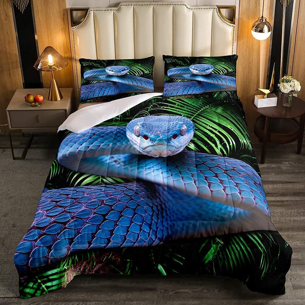 Erosebridal Snake Comforter Set Full, Blue Snake Down Comforter, 3D Reptile Bedding Set, Blue Scales Quilt Set, Palm Leaf Wild A