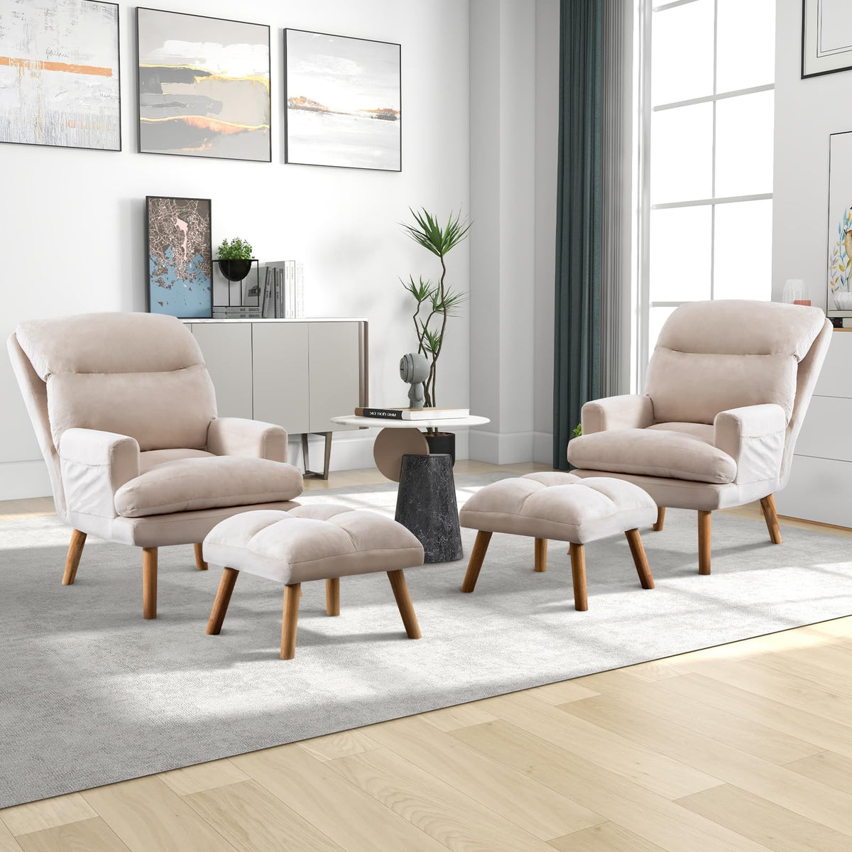 Canmov Modern Accent Chair With Ottoman Set Of 2, Soft Fabric Armchair With Adjustable Backrest And Side Pockets, Comfy Lounge C