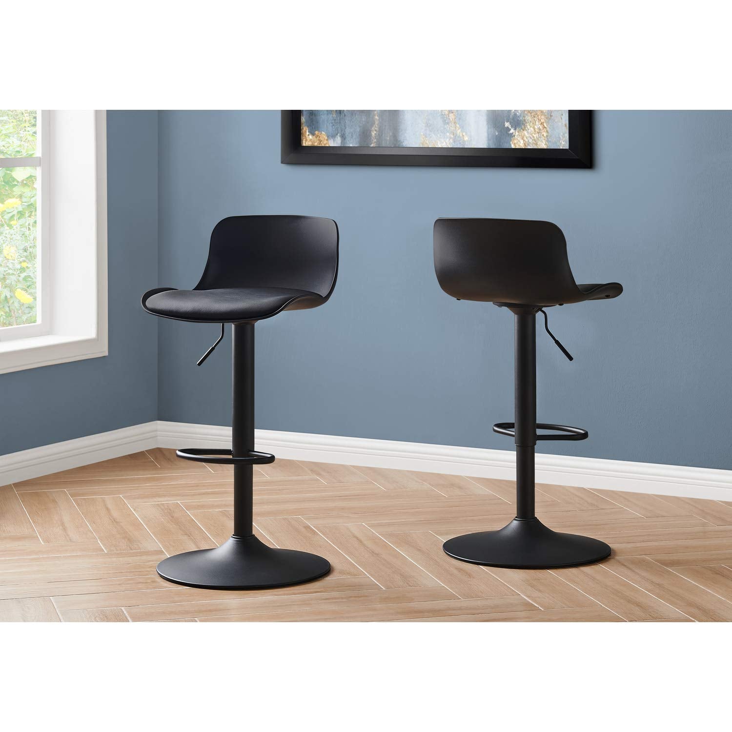 Monarch Specialties Barstool Set of 2 Counter or Bar Adjustable Height Swivel Low Back Metal Base Leather Look Fabric Barstool - Black