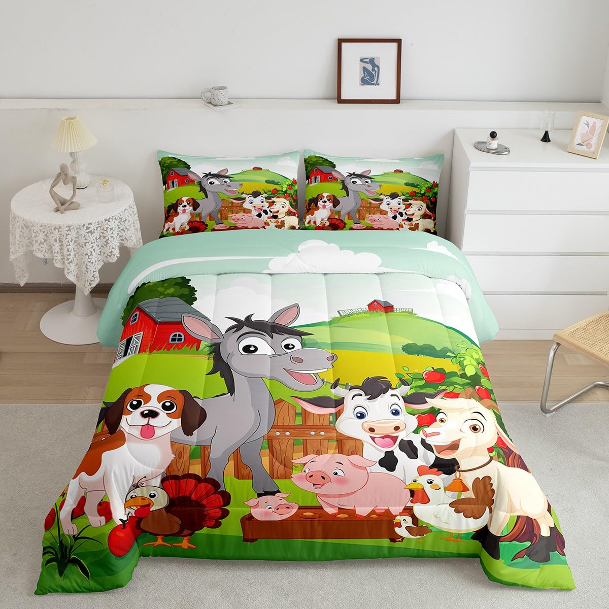 Cute Farm Animals Bedding Set Kids Cartoon Pig Dog Cow Horse Comforter Set Boys Girls Toddler Nature Country Style Comforter Far