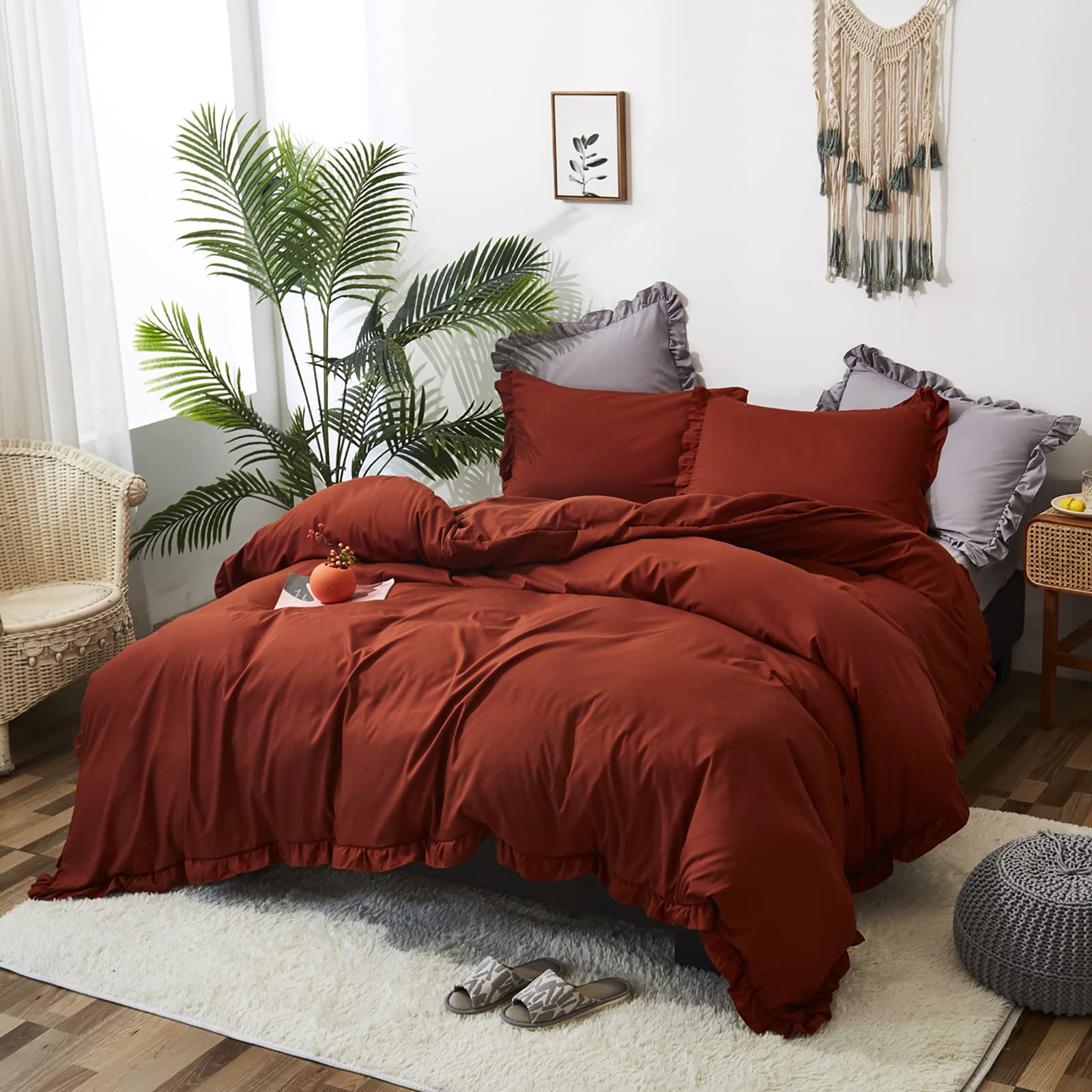 Luxlovery Burnt Orange Ruffle Comforter Set Twin Farmhouse Rust Orange Bedding Comforter Set Shabby Caramel Cotton Chic Blanket