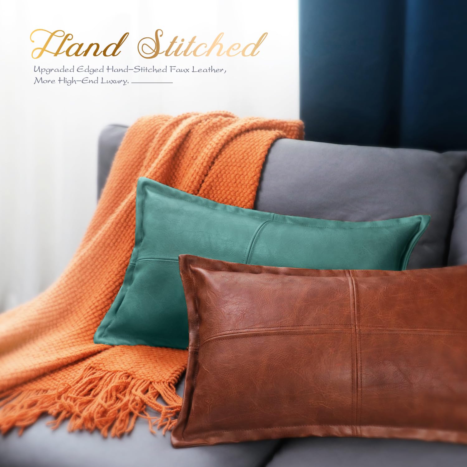Brawarm Teal Leather Throw Pillow 12 X 20 Inches, Faux Leather Pillow Cover With Piping, Hand Stitched Leather Decorative Lumbar