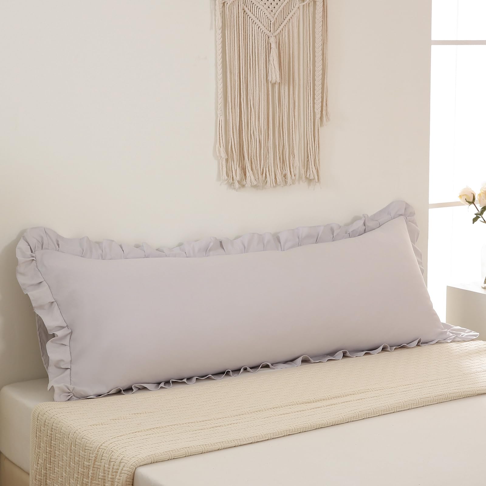 Beige Gray Body Pillow Cover 20X54Inches Long Pillowcase Ruffled Pillowcases Shabby Chic Ruffled Fringe Decor Body Ruffled Pillo