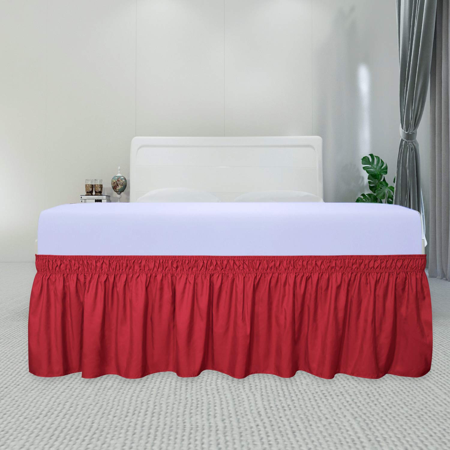 Purefit Wrap Around Ruffled Bed Skirt With Adjustable Elastic Belt - 22 Inch Drop Easy To Put On, Wrinkle Free Bedskirt Dust Ruffles, Bed Frame Cover For Twin,Twin Xl And Full Size Beds, Red