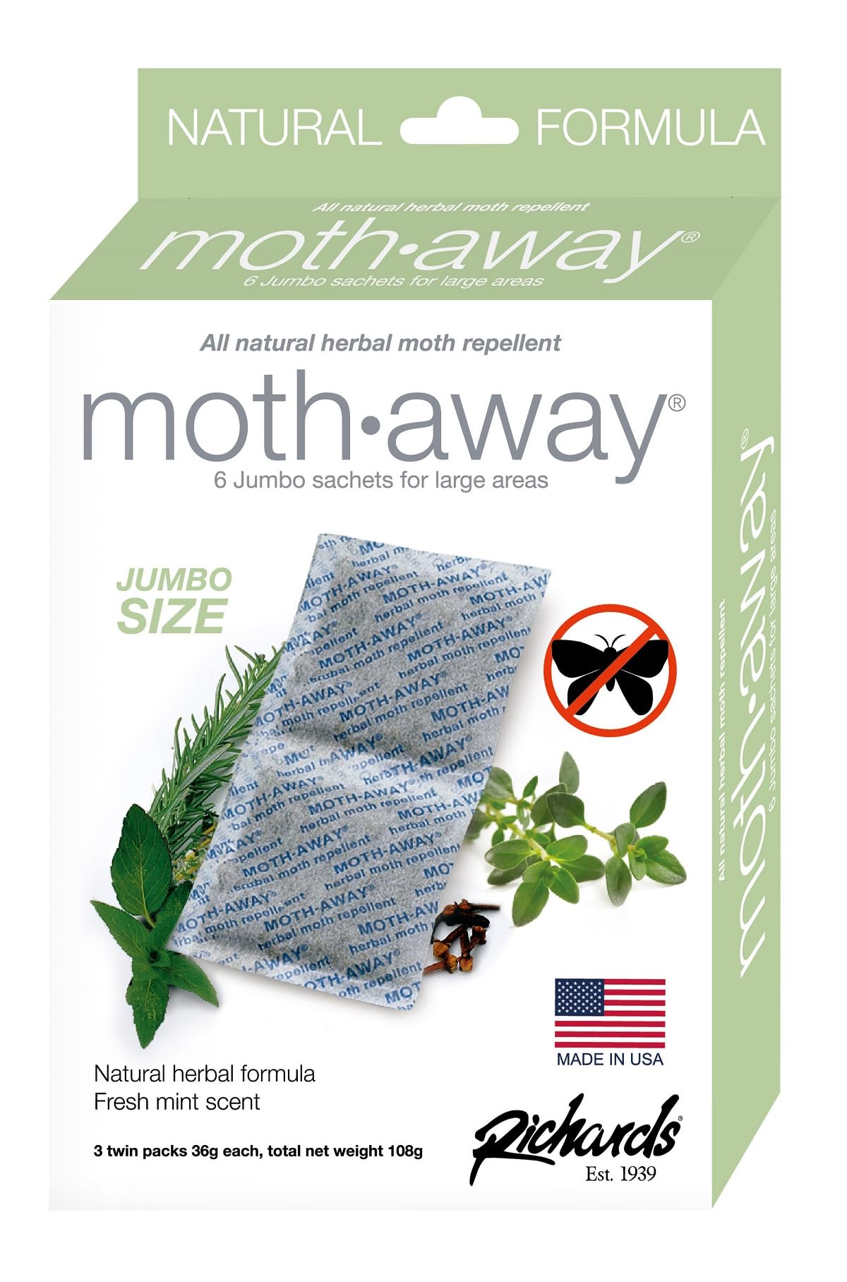 Richards Homewares Moth Away Herbal Non Toxic Natural Repellent, 18-Jumbo Sachets, 11 Ounce