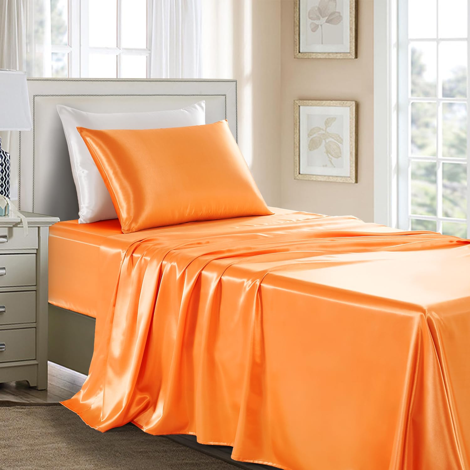 Golal Satin Sheets Twin Xl Size - 3 Pieces Luxury Silky Soft Bed Sheets, Wrinkle-Free Burnt Orange Satin Silk Sheet Set With 1 Deep Pocket Fitted Sheet, 1 Flat Sheet, 1 Pillow Case