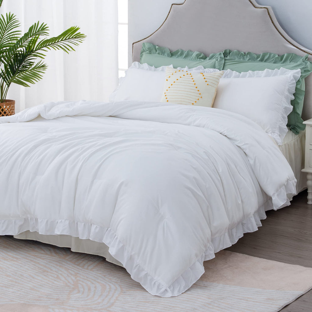 Litanika White Queen Comforter Set – 3-Piece Ruffle Shabby Chic Bedding