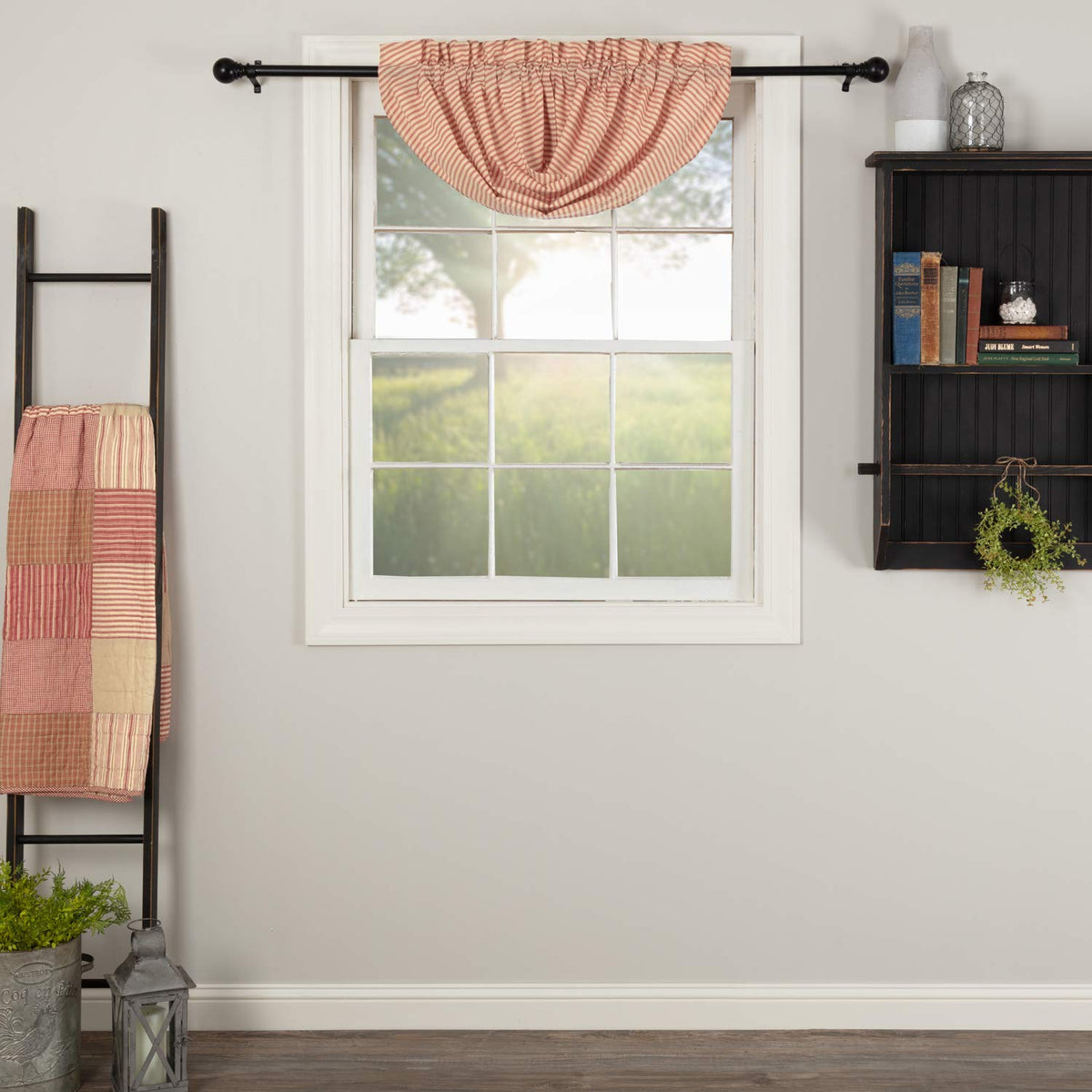 Vhc Brands Sawyer Mill Red Balloon Valance Farmhouse Country Striped Cozy Cotton Kitchen Window Curtain 15X60
