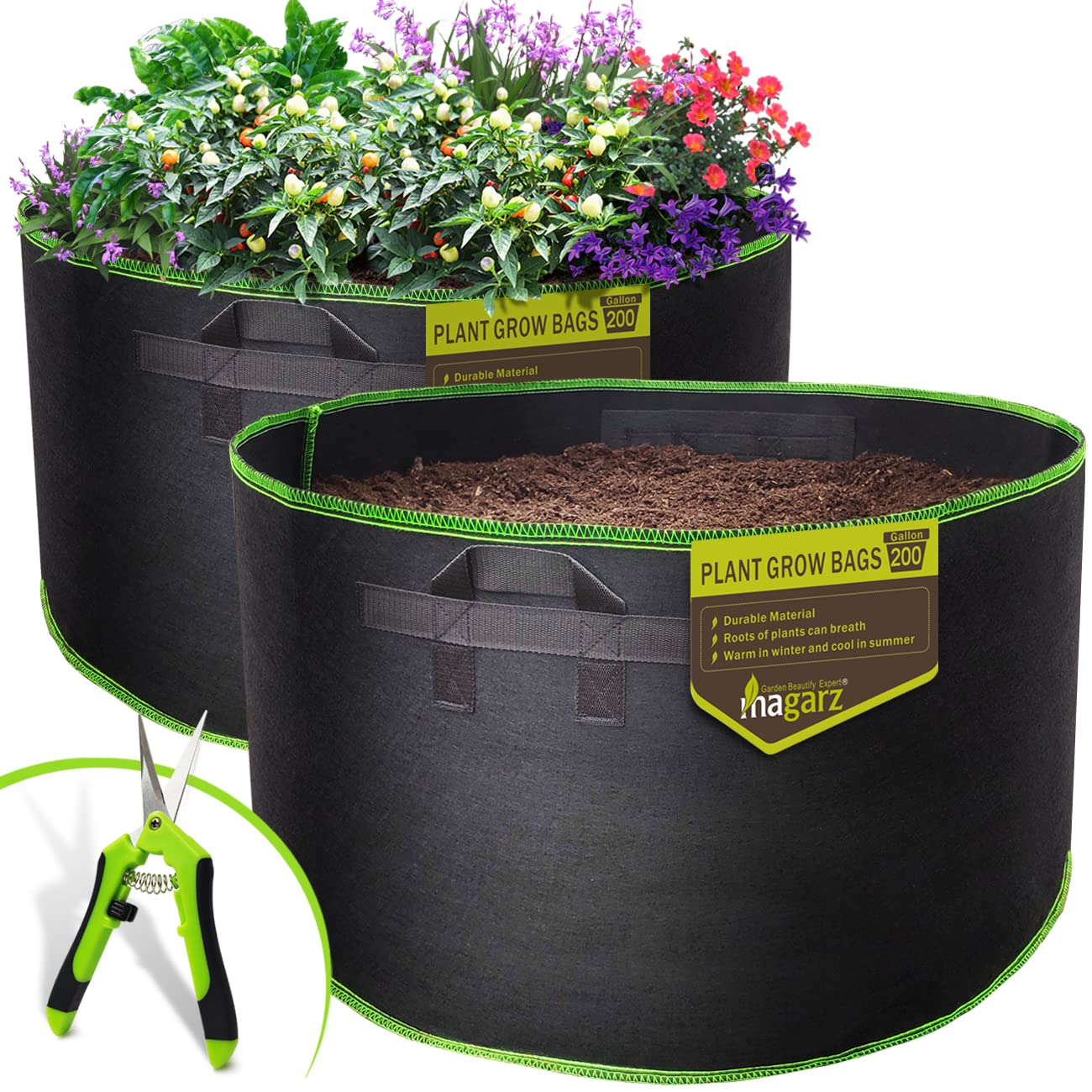 Magarz 2-Pack 200 Gallon Fabric Flower Pots Garden Felt Grow Bags With Handle (Black)
