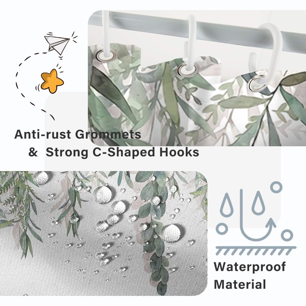 Ruelvth Spring Shower Curtain, Green Eucalyptus Leaves Shower Curtain Waterproof Fabric Shower Curtain Set With Hooks Watercolor