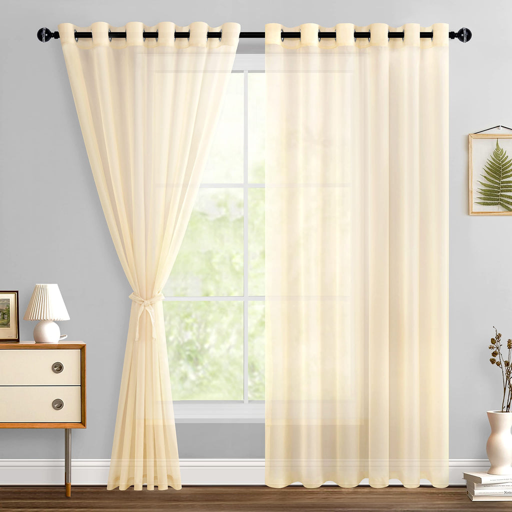 Hiasan Sheer Curtains For Bedroom With Tiebacks, Grommet Light Filtering Extra Wide Voile Texture Window Curtains For Living Room, Kids' Room And Nursery, Beige, W70 X L84, 2 Soft Drape Panels